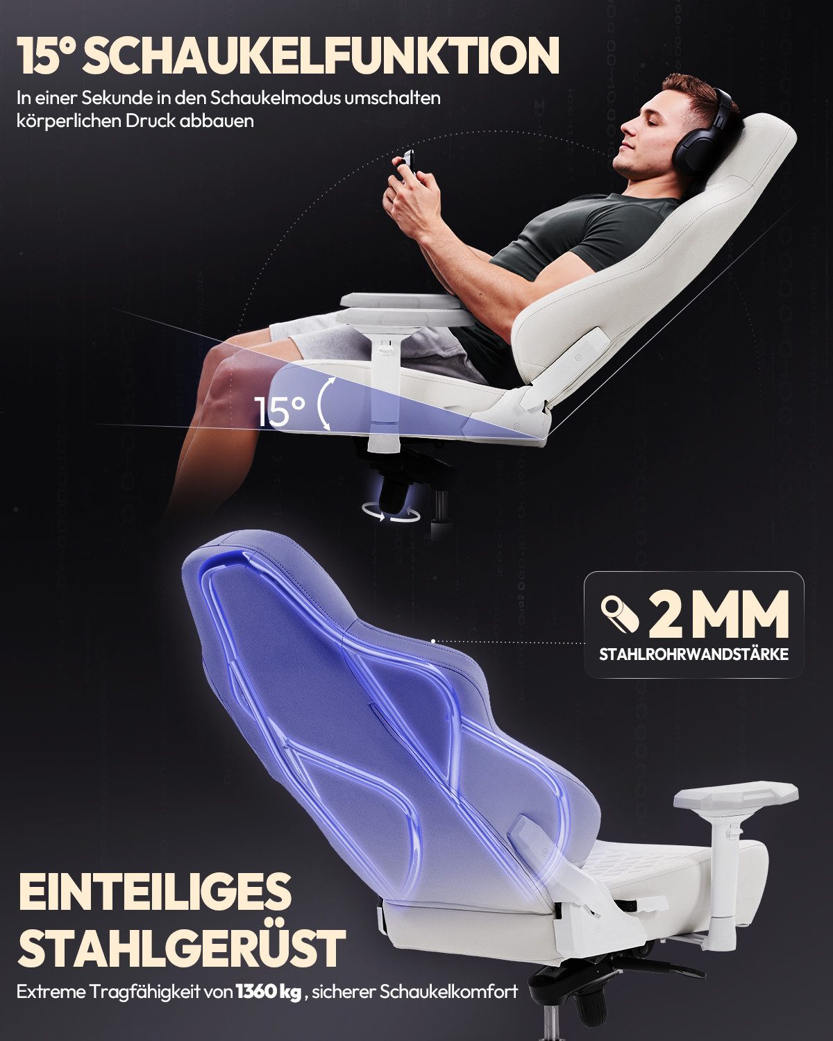 Dowinx Gaming-Stuhl Bürostuhl 200kg Belastbarkeit (Packung), Ergonomischer Chefstuhl, 4D Armlehnen, verstellbare Lendenstütze – Bild 5 von 5