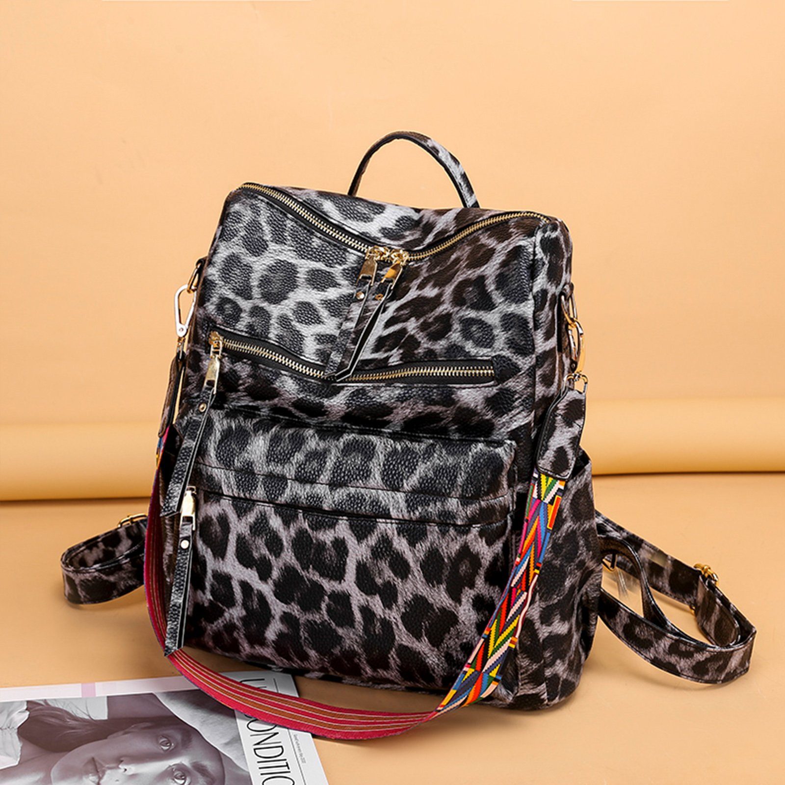 Schule cm, Reisen OKWISH Damen Rucksack Reiserucksack Schultertasche, für Teenager Kunstleder Rucksack (33x36x15 Herren Schulrucksack Arbeit Rucksack), Notebook Tasche, Jungen Laptoprucksack Business Leopard-Schwarz Freizeit Vintage, Laptop