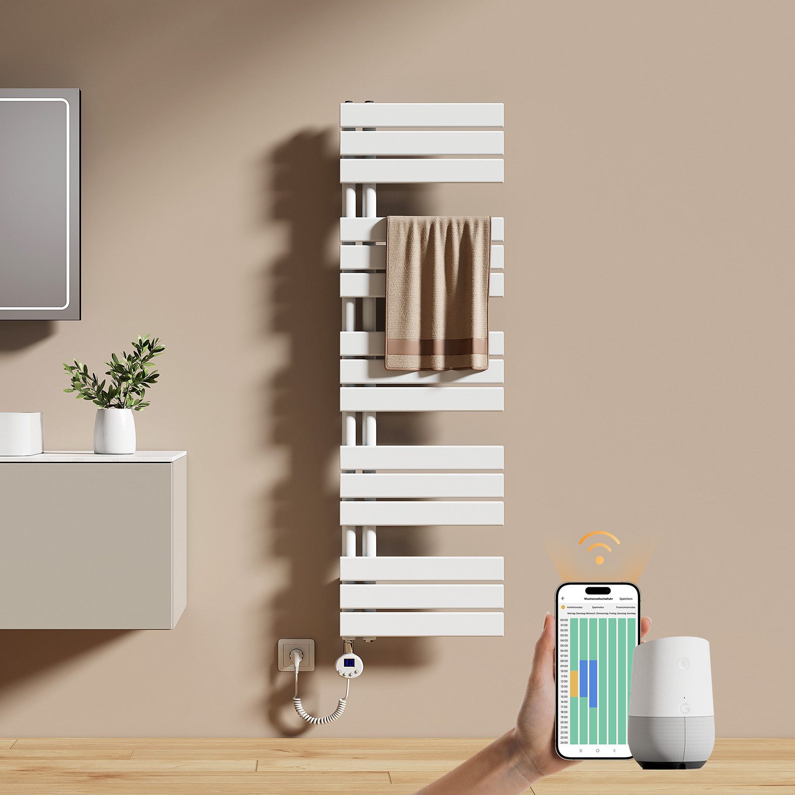 EMKE Elektrischer Badheizkörper WLAN- und App-Steuerung mit intelligentem Thermostat Elektroheizung, Weiß 4 Heizmodi, IPX4, Kindersicherung 400W~1000W
