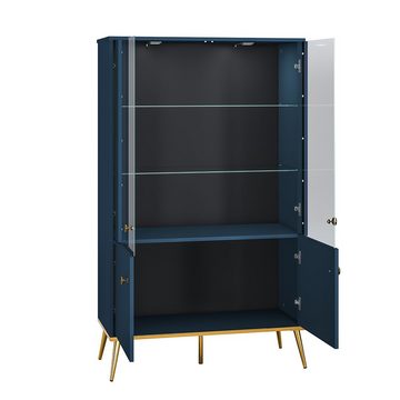 Lomadox Wohnzimmer-Set MONTPELLIER-131, (Mega-Spar-Set, 2-St., 2-tlg), dunkelblau, inkl. LED-Beleuchtung, Füße & Griffe goldfarben