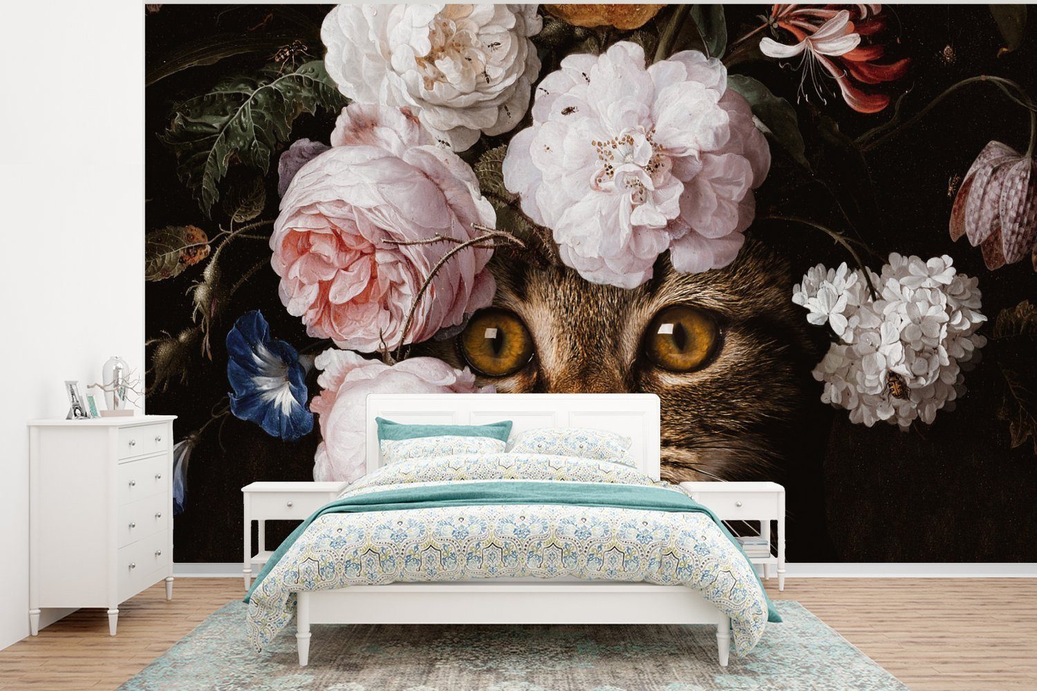 MuchoWow Fototapete Katze - Blumen - Tierkopf, Matt, bedruckt, (6 St), Wallpaper für Wohnzimmer, Schlafzimmer, Kinderzimmer, Vinyl Tapete