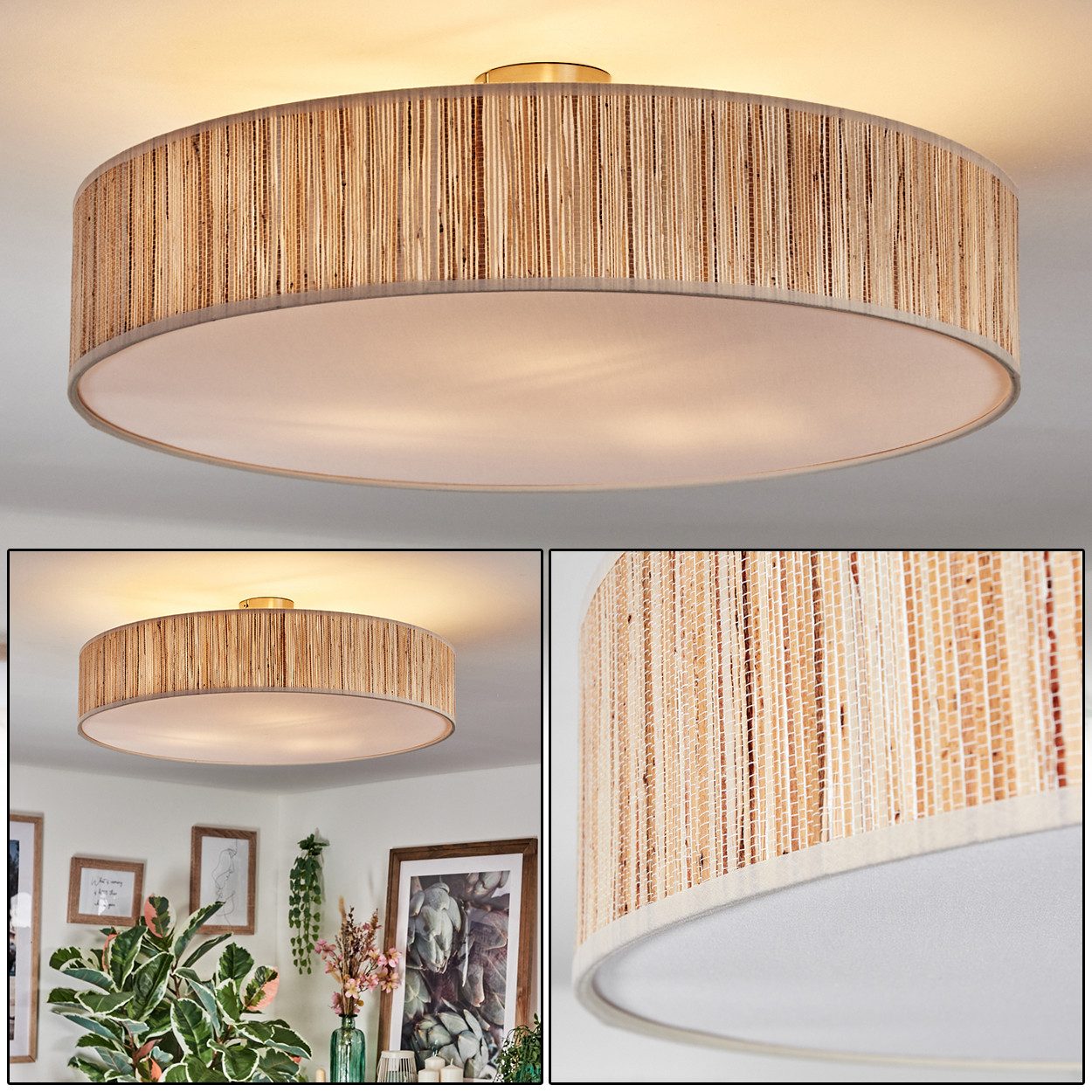 hofstein Deckenleuchte Deckenlampe aus Metall/Binsenstroh/Stoff/Kunststoff in Beige/Weiß, Deckenleuchte im modernen Boho-Design, Ø 60 cm, E27
