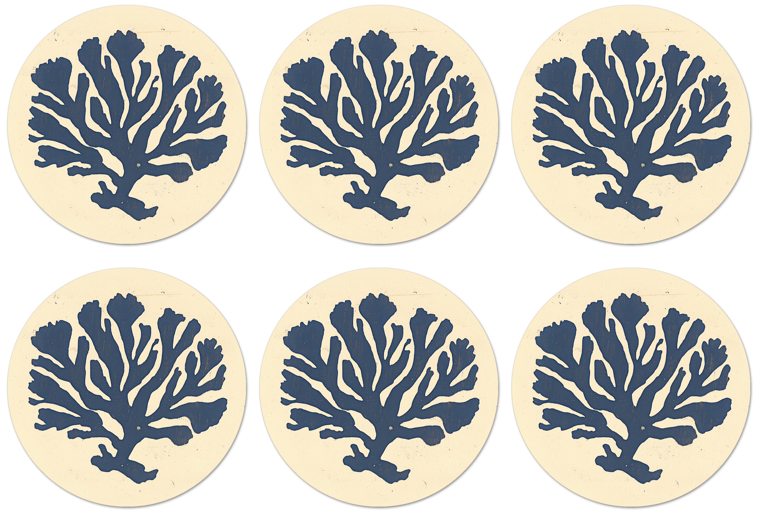 MuchoWow Glasuntersetzer Blaue Koralle - Zweige - Beige, Zubehör für Gläser, 6-tlg., Getränkeuntersetzer, Rund, Tassenuntersetzer Kork, 10x10 cm