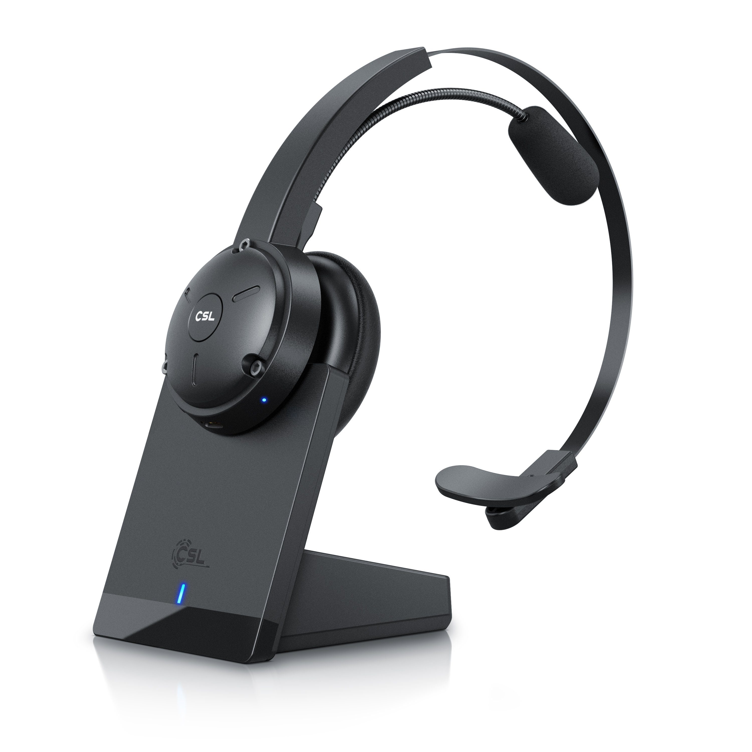 CSL Wireless-Headset (Multipoint; Freisprechen; für Auto und LKW, Computer, VoIP, Call Center, Handys, Bluetooth 5.0, Ladestation, Kopfhörer mit flexiblem, kabellos, leicht)