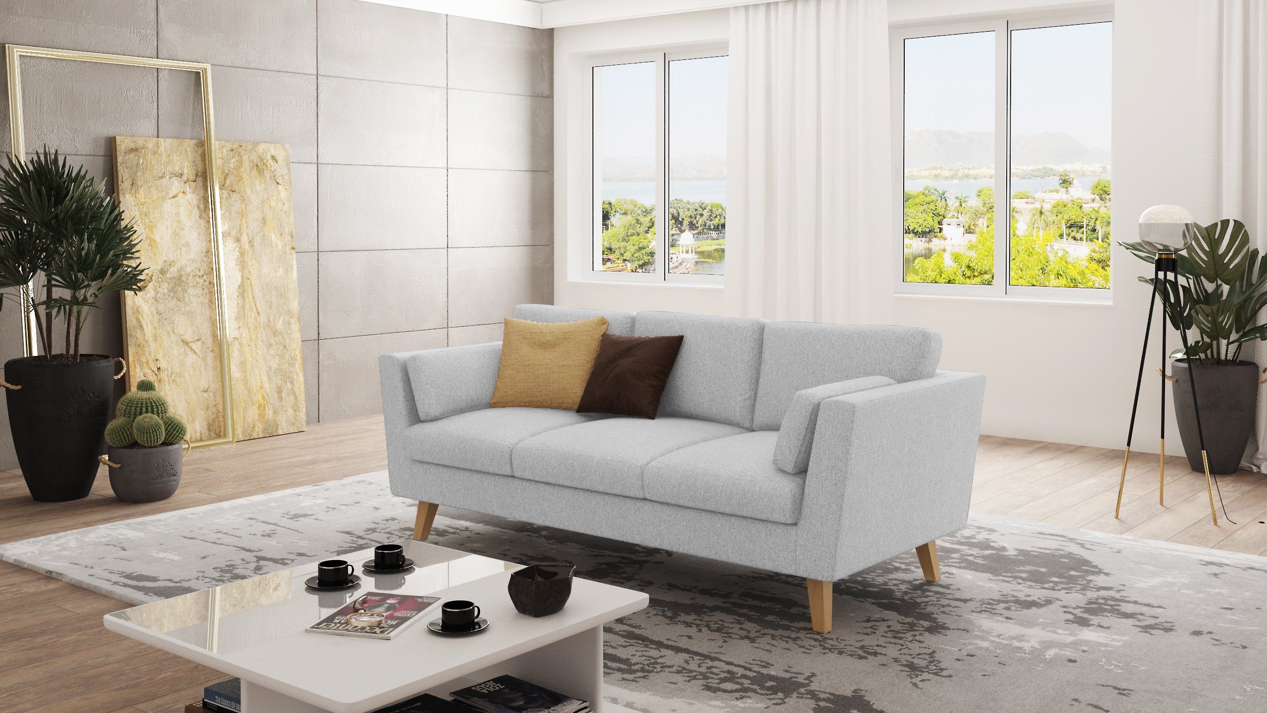 S-Style Möbel 3-Sitzer Sofa Angeles im skandinavischen Design, mit Wellenfederung Silber
