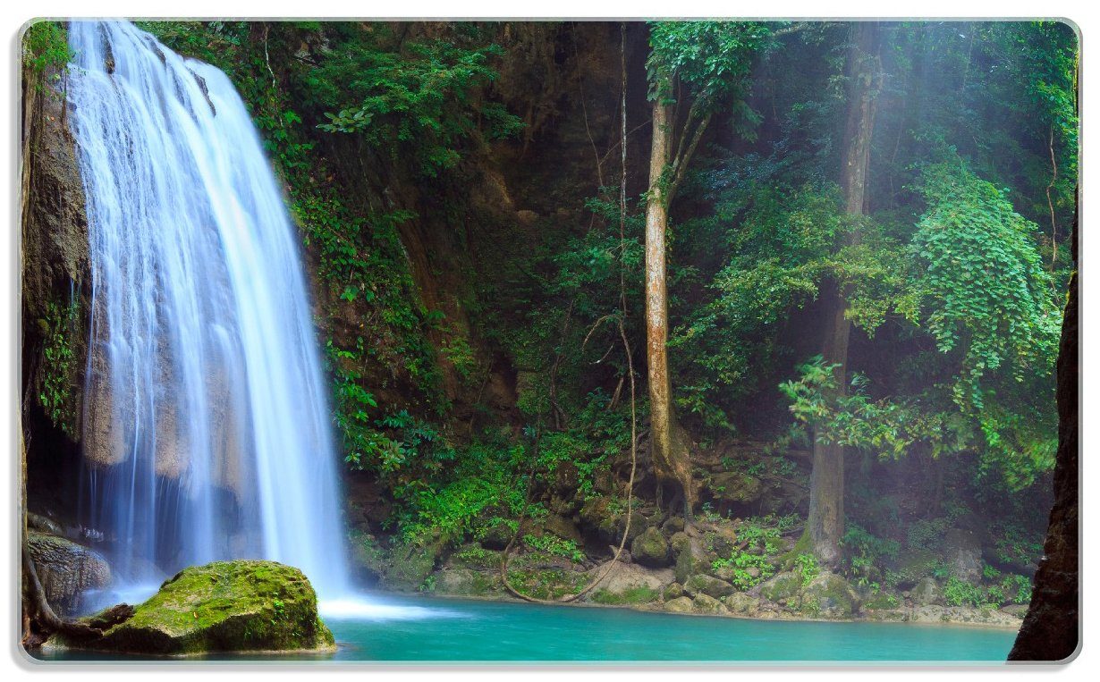 Wallario Frühstücksbrett Wasserfall im Wald am See Idylle in Thailand, ESG-Sicherheitsglas, (inkl. rutschfester Gummifüße 4mm, 1-St), 14x23cm