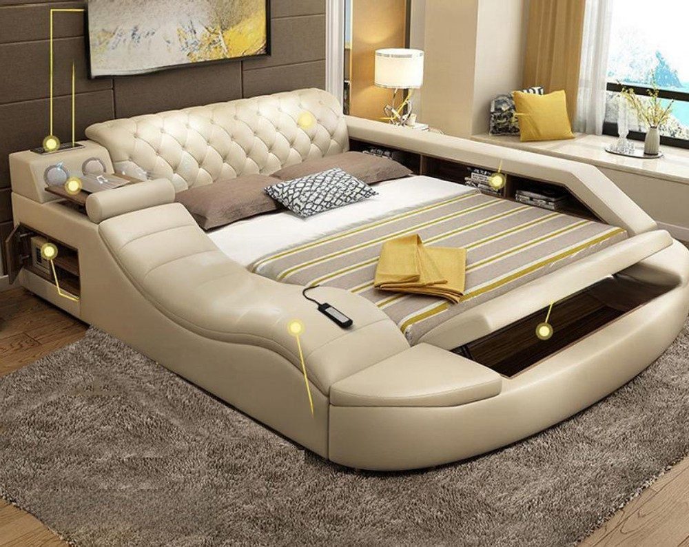 Xlmoebel Multimediabett Luxuriöses Lederbett mit Massagefunktion und Doppelablage Sofort (1-tlg., Multifunktions Bett), Hergestellt in Europa