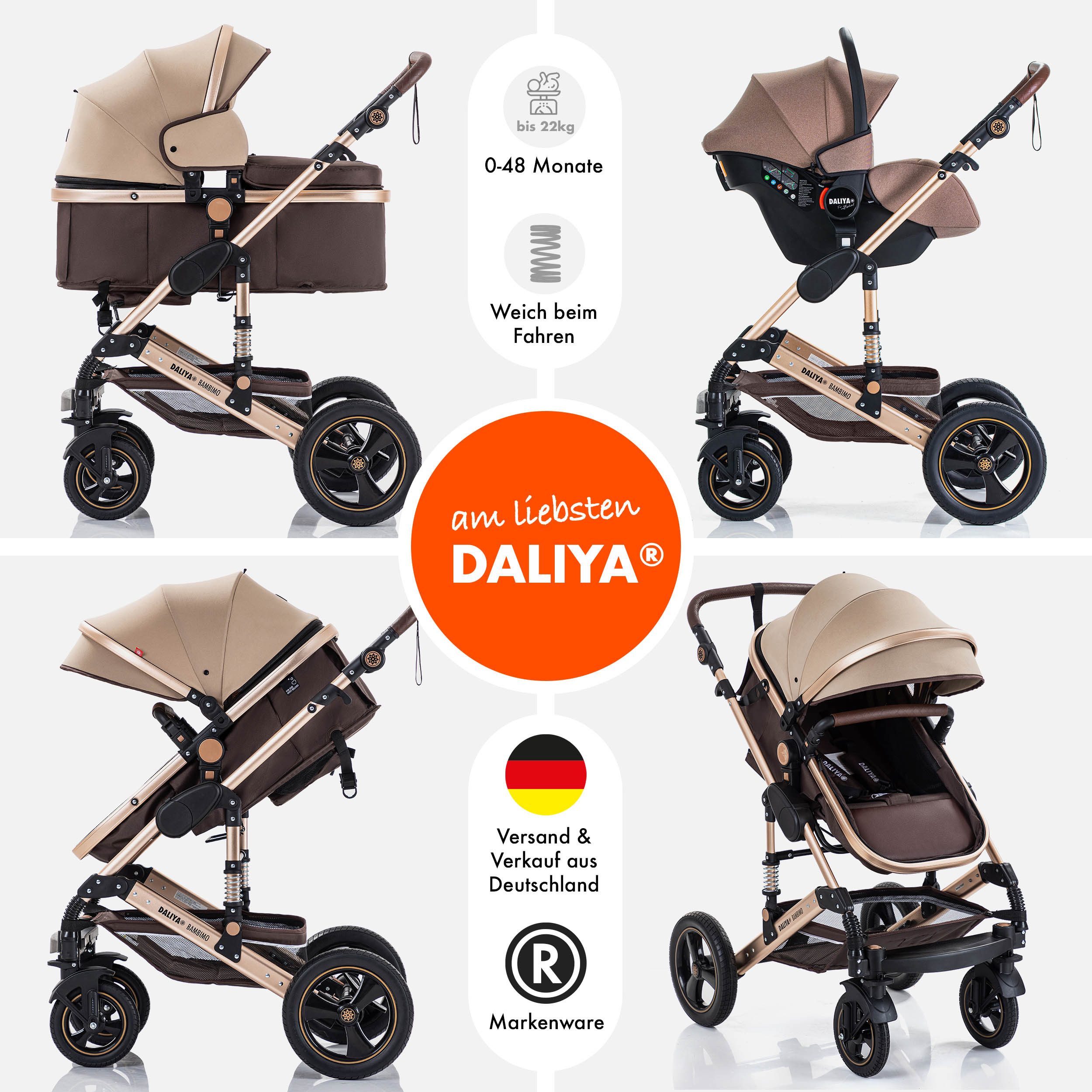 Daliya® Kombi-Kinderwagen BAMBIMO 3in1 Kinderwagen & Buggy mit Auto-Babyschale und Adapter, (XXL-Set inkl. Wickeltasche und Spieltisch, 15-tlg), Babyschale, Airless-Räder, Federung, weiche Matratze, Belüftungssystem