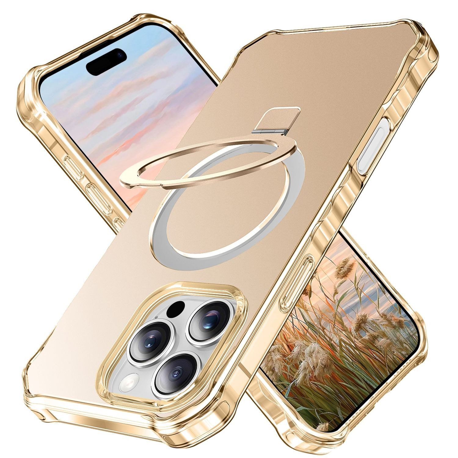 Wigento Handyhülle Für Apple iPhone 16 Pro Max Clear Wave MagSafe Ring Halterung Hülle, Clear Wave Hülle mit MagSafe-Ring und integriertem Standfuß