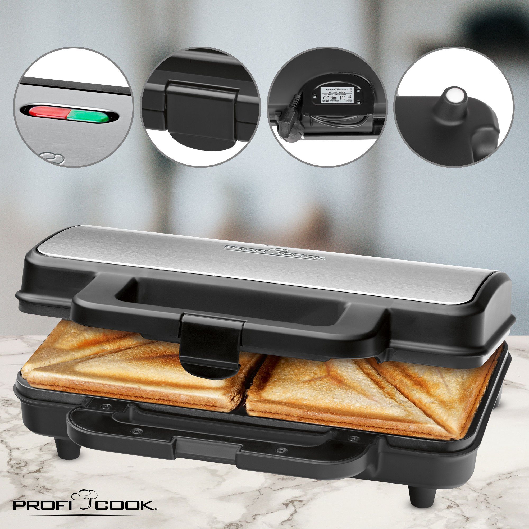 ProfiCook Sandwichmaker XXL Sandwichtoaster Sandwich-Toaster PC-ST 1092, 900 W, Big Amercan Toast, Antihaftbeschichtung, Wärmeisolierter Griff