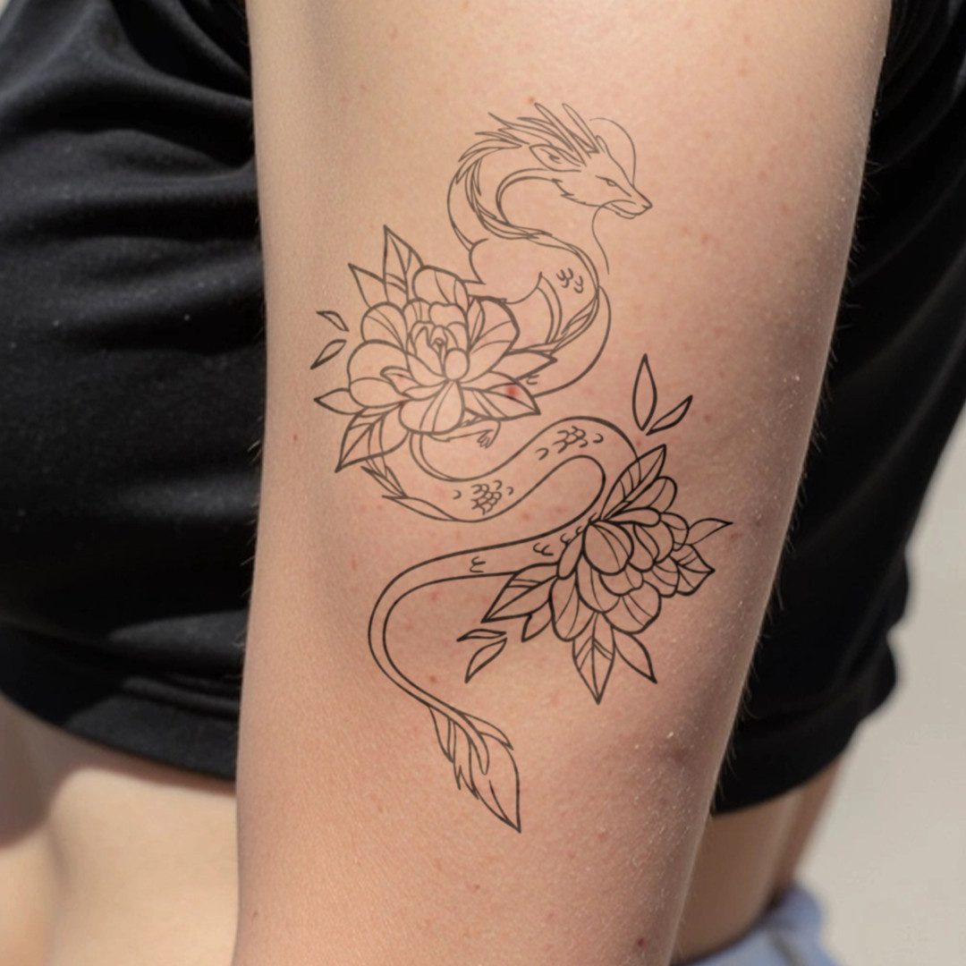 Inkster Schmuck-Tattoo Drachen und Lotus Tattoo, wasserfestes temporäres Tattoo, 2 Wochen Halt