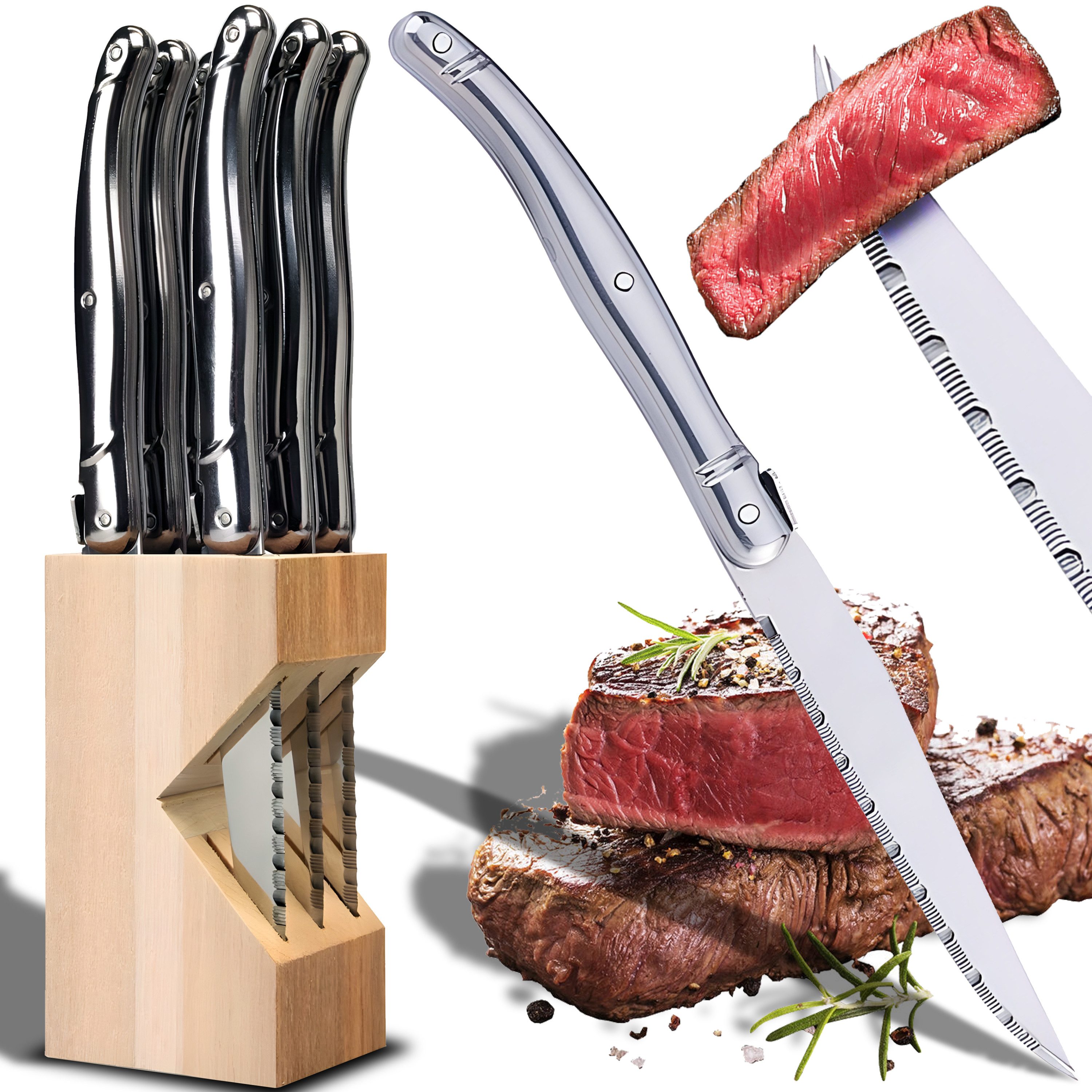 Retoo Steakmesser Küchenmesser Set 6-teilig Messerblock Holz Steakmesserset Messerset Komfortabler Griff, Gezahnte Klinge, Messerblock-Set, Profi-Set