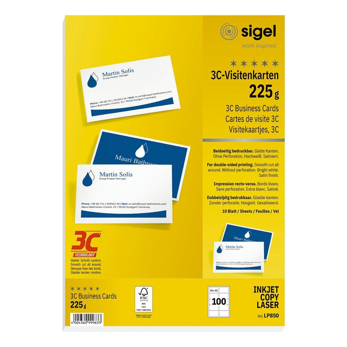 Sigel Visitenkarten LP850, Edelkarton hochweiß-matt, ohne Perforation 225 g/m²