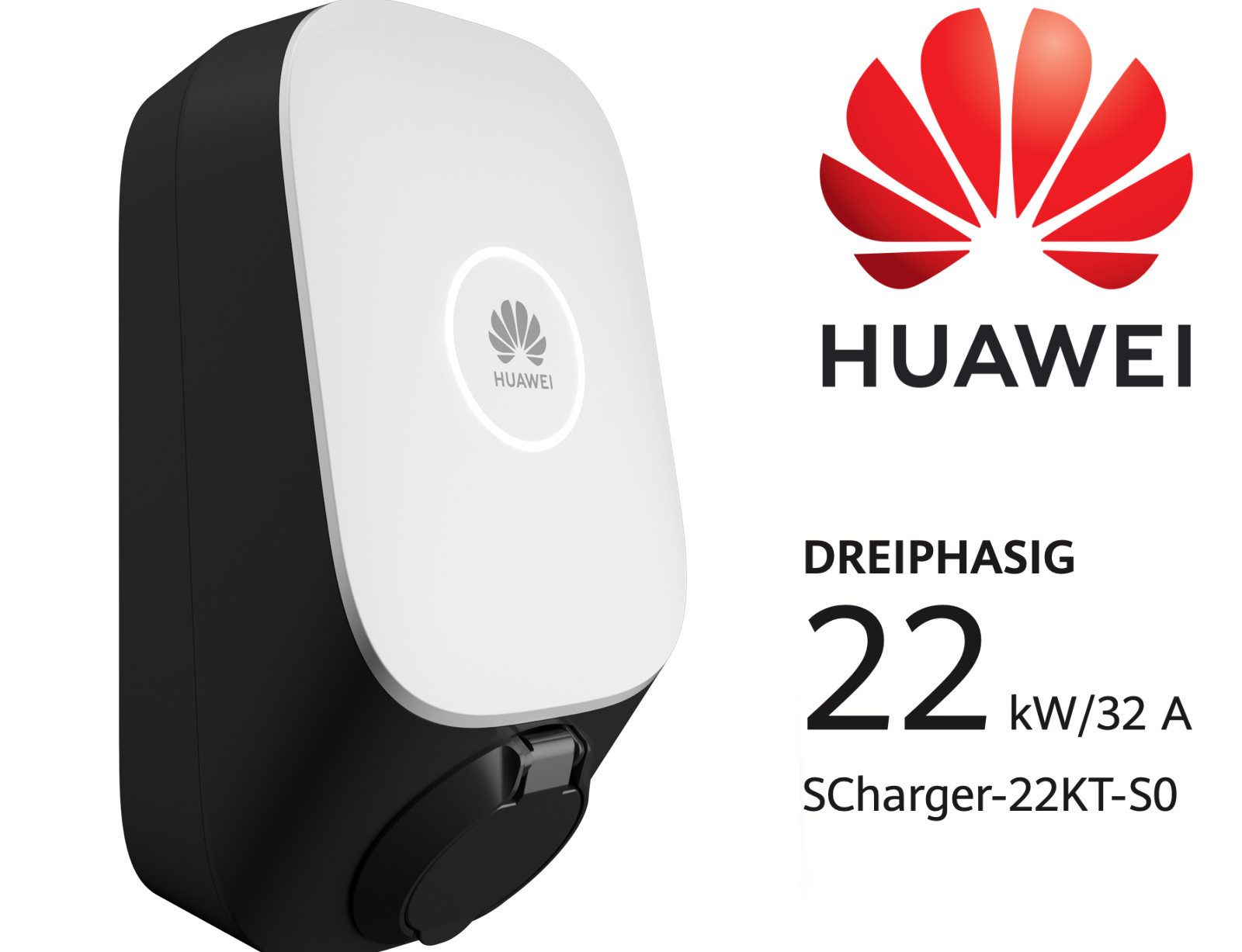 Huawei Elektroauto-Ladestation Wallbox 22kw Smart Charger AC SCharger-22KT-S0 E-Auto Ladegerät, 3-phasig, inklusive 2 RFID Karten, Typ 2 Ladebuchse, PV-Überschussladen