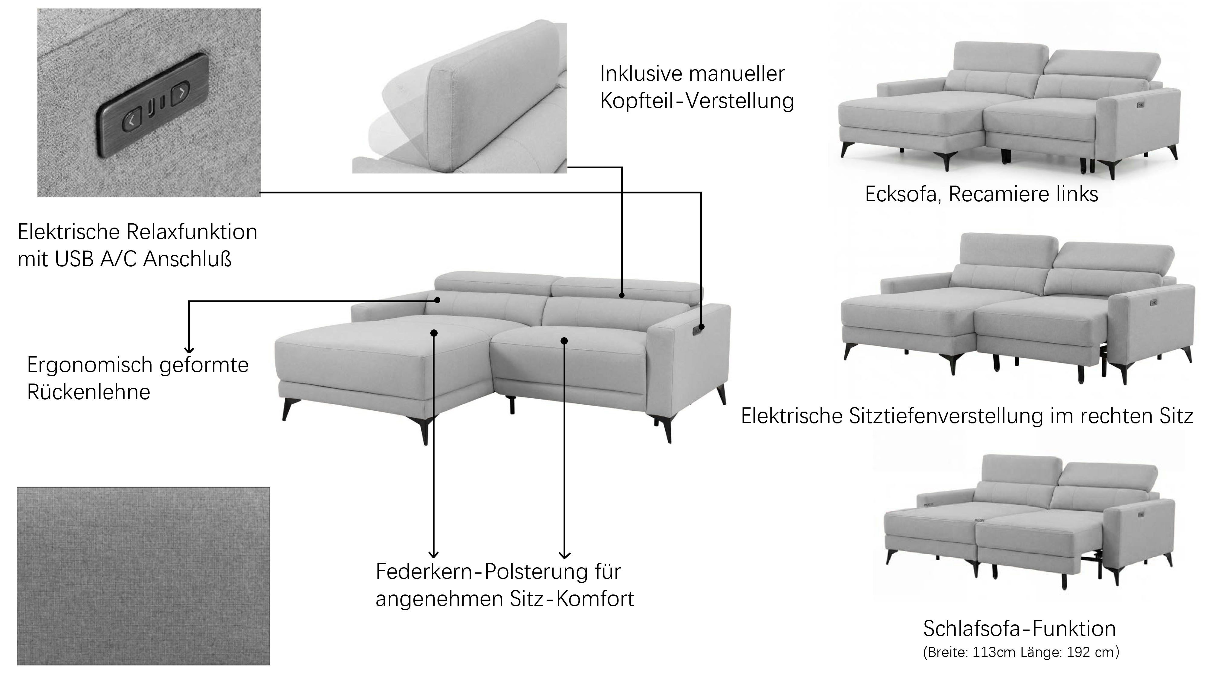 OTTO home Ecksofa LEWII, Schlafsofa elektrisch mit Sitztiefenverstellung, L-Form, 225 cm, mit USB A/C-Anschluss. Federkern, verstellbaren Kopfstützen, Webstoff