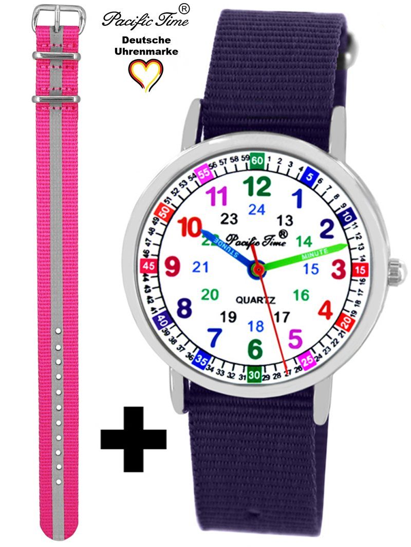 Pacific Time Quarzuhr Set Kinder Armbanduhr Lernuhr Wechselarmband, Mix und Match Design - Gratis Versand violett und Reflektor pink