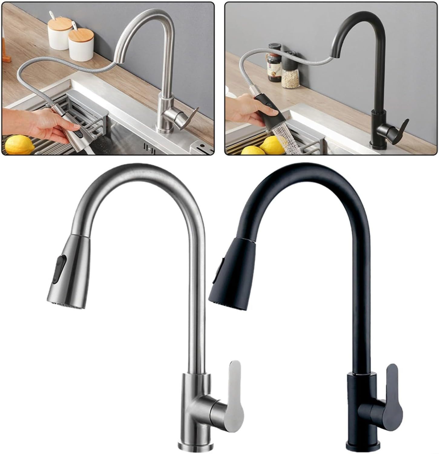 Küchenarmatur Wave Schwarz & Chrom – Armatur mit Ausziehbrause, 360° Drehbereich