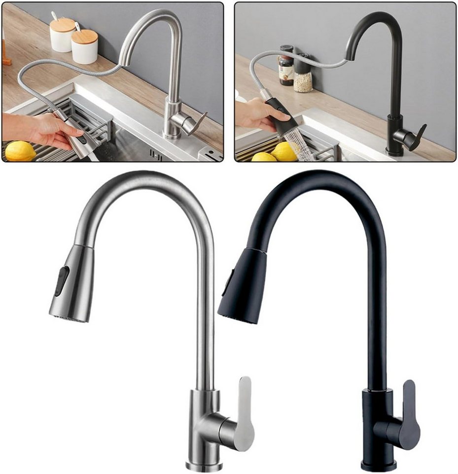 Faizee Home Küchenarmatur Armatur mit Ausziehbrause, Wave Schwarz & Chrom, 360° Drehbereich