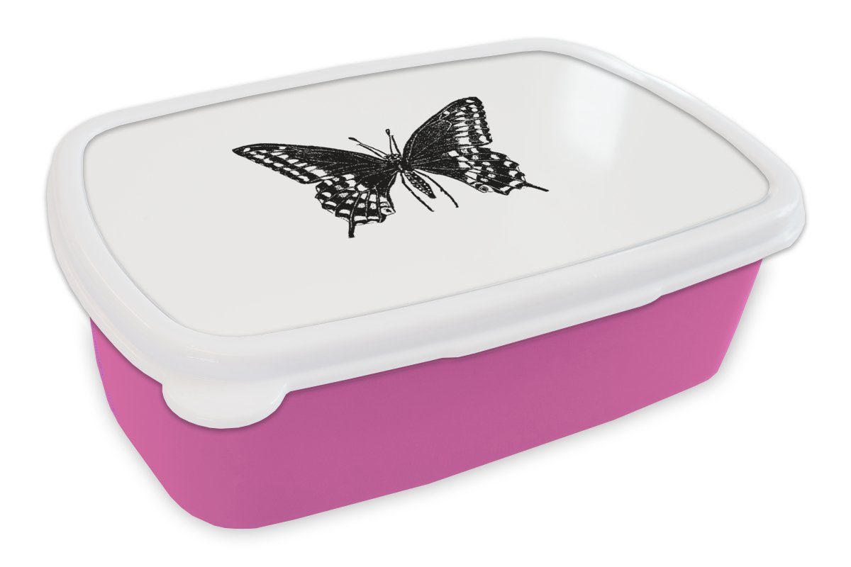 Erwachsene, - und MuchoWow - Brotdose weiß, Schwarz Retro Mädchen, Kunststoff - Snackbox, Kinder, rosa Brotbox für Lunchbox Schmetterling Tiere (2-tlg), Kunststoff,