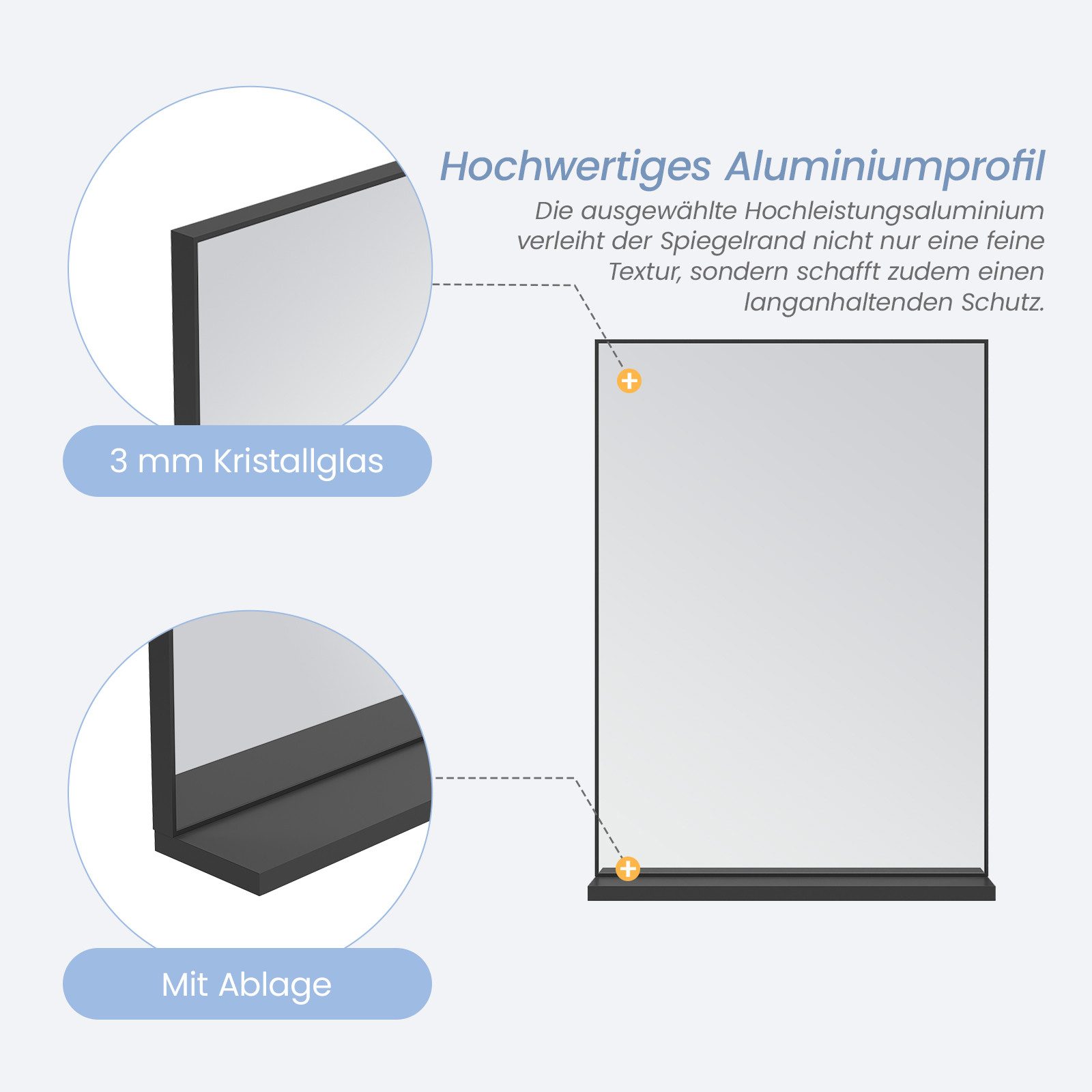 AQUABATOS Badspiegel Wandspiegel mit Ablage Badezimmer Spiegel Bad Hängespiegel Schwarz, Badspiegel mit Aluminiumrahmen ohne Beleuchtung rechteckig Dekospiegel – Bild 4 von 5