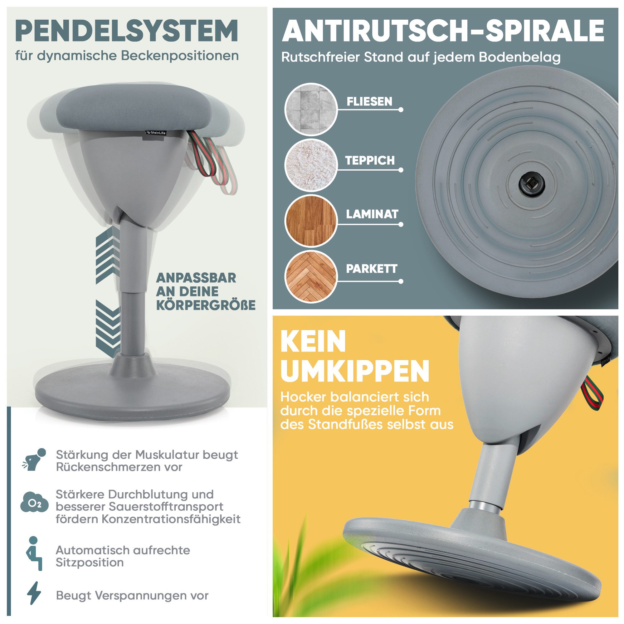Steinlife Arbeitshocker Ergonomischer Bürohocker [Aktives Sitzen, Gesunde Haltung] (Sitzhocker Höhenverstellbar [48-68cm] Ergonomischer Hocker für Büro [Schwingeffekt] Wackelhocker Stehhocker, Arbeitshocker rutschfest Drehhocker)