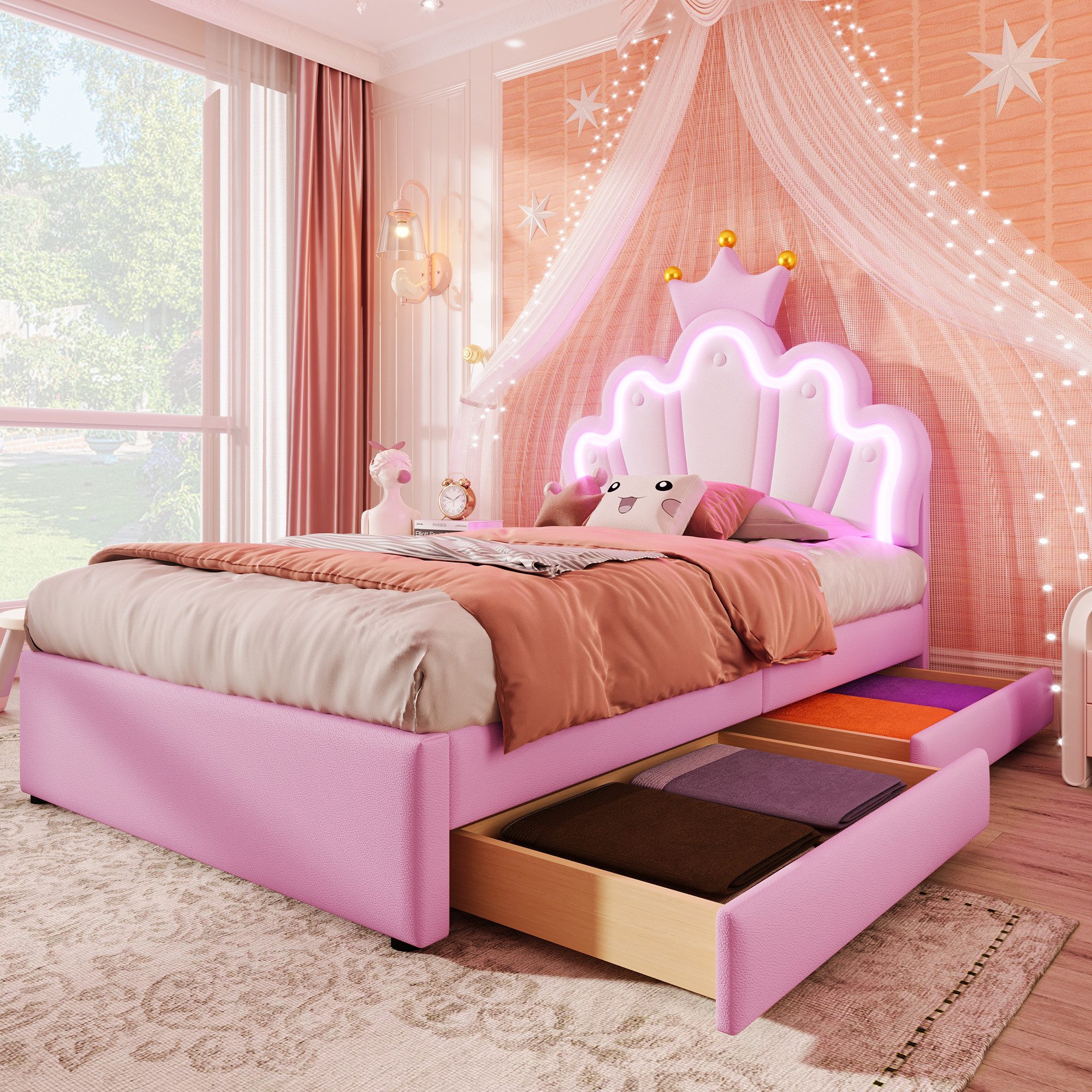 Odikalo Polsterbett Kinderbett Bettgestell Schubladen Kopfteil 90/140x200 Weiß/Rosa