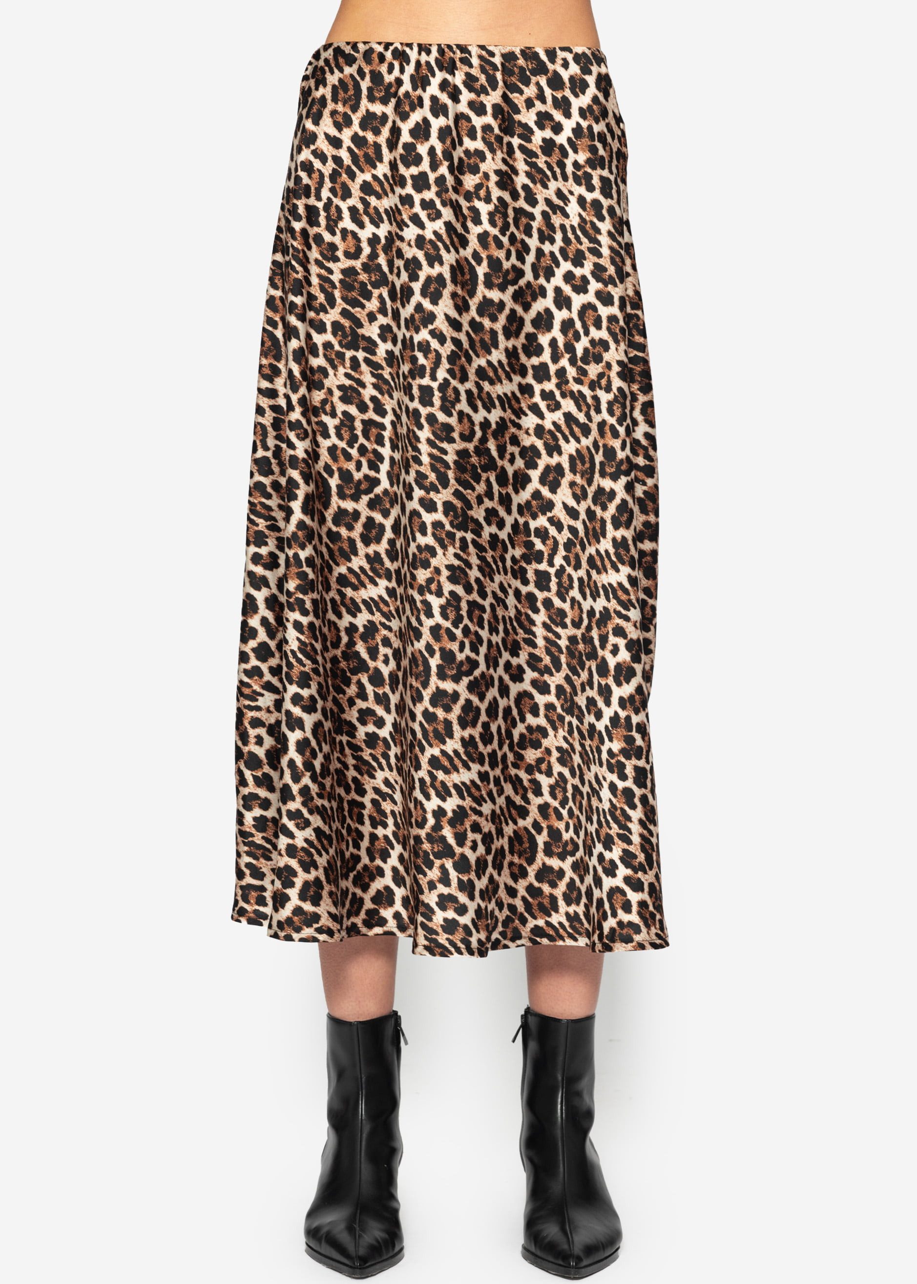 SASSYCLASSY Schlupfrock Leo Satin Midirock Damen in A-Linie elegant Weicher Satinrock mit Gummibund und Leo-Print Schwarz Beige Braun