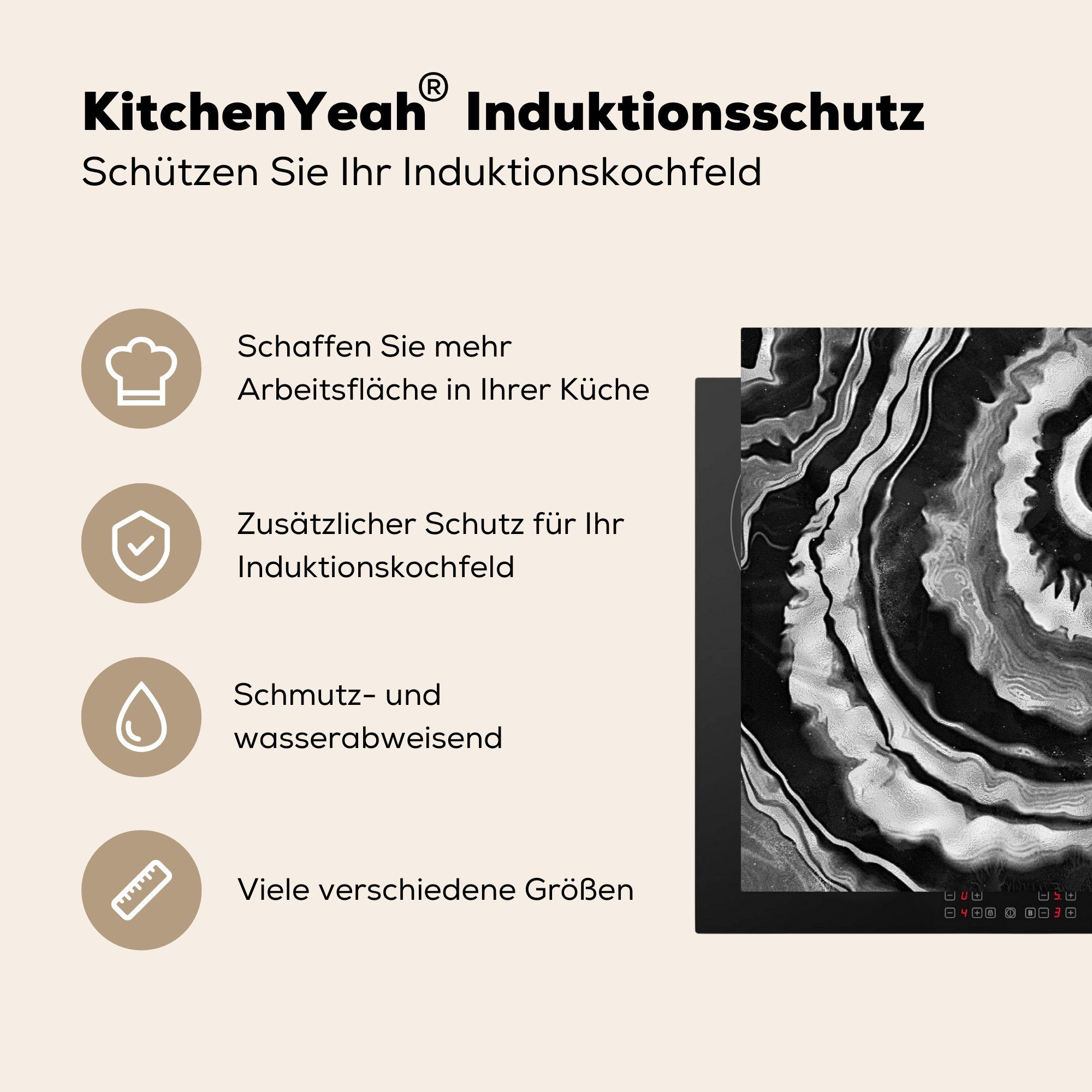 cm, MuchoWow küche, Vinyl, (1 81x52 - Ceranfeldabdeckung die tlg), Induktionskochfeld Marmor Kreis, - Schutz Herdblende-/Abdeckplatte Schwarz für