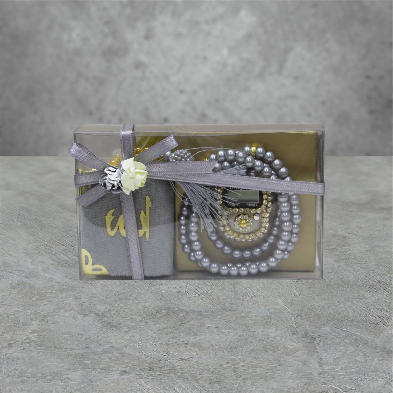 Aymasal Perlenketten-Set Islamische Geschenke 3tlg. 99 Perlenkette & Fingerzähler & Mini Koran, Dhikr Zähler mit Strasssteinen, schöne Geschenkverpackung