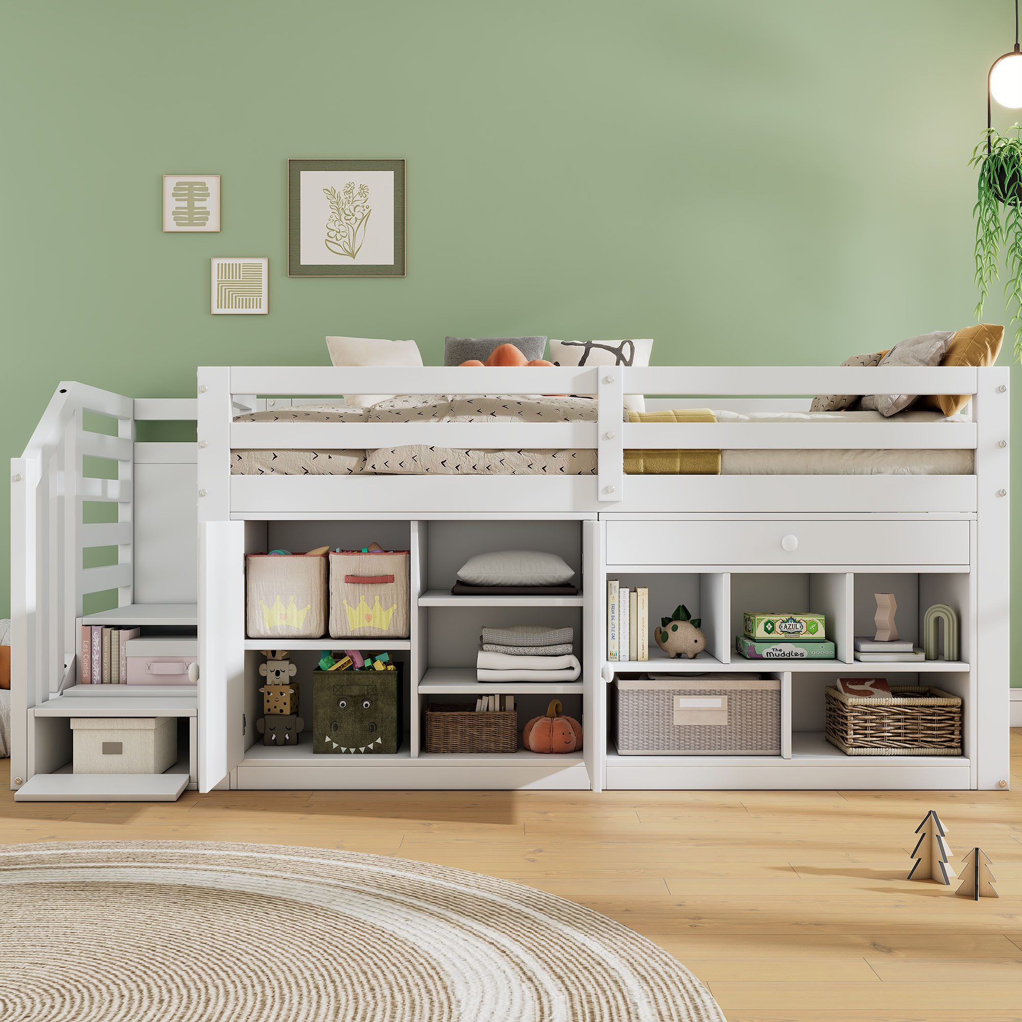 OKWISH Hochbett Hausbett Einzelbett (Kiefernholz Kinderbett mit Stauraum, Schublade als Schreibtisch 90x200cm, 1-St)