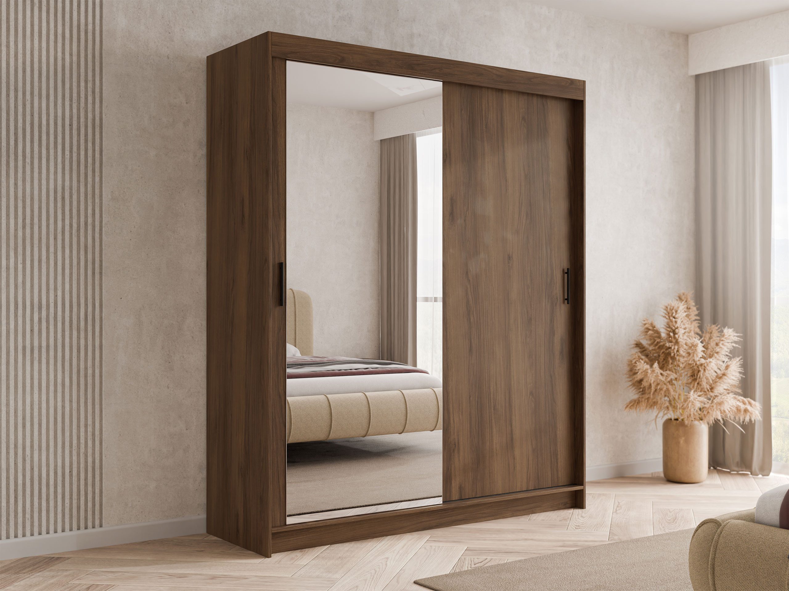 MIRJAN24 Kleiderschrank Infinity II 180 (mit zwei Schwebetüren) 180x58x200 cm, mit Kleiderstange, Frontspiegel