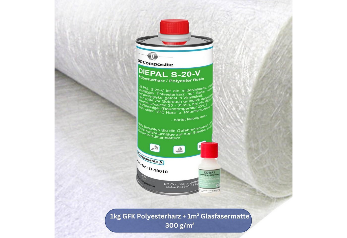 Thumbnail - DD Composite Reparatur-Set 1kg GFK Polyesterharz + 1m² Glasfasermatte 300g/m²
