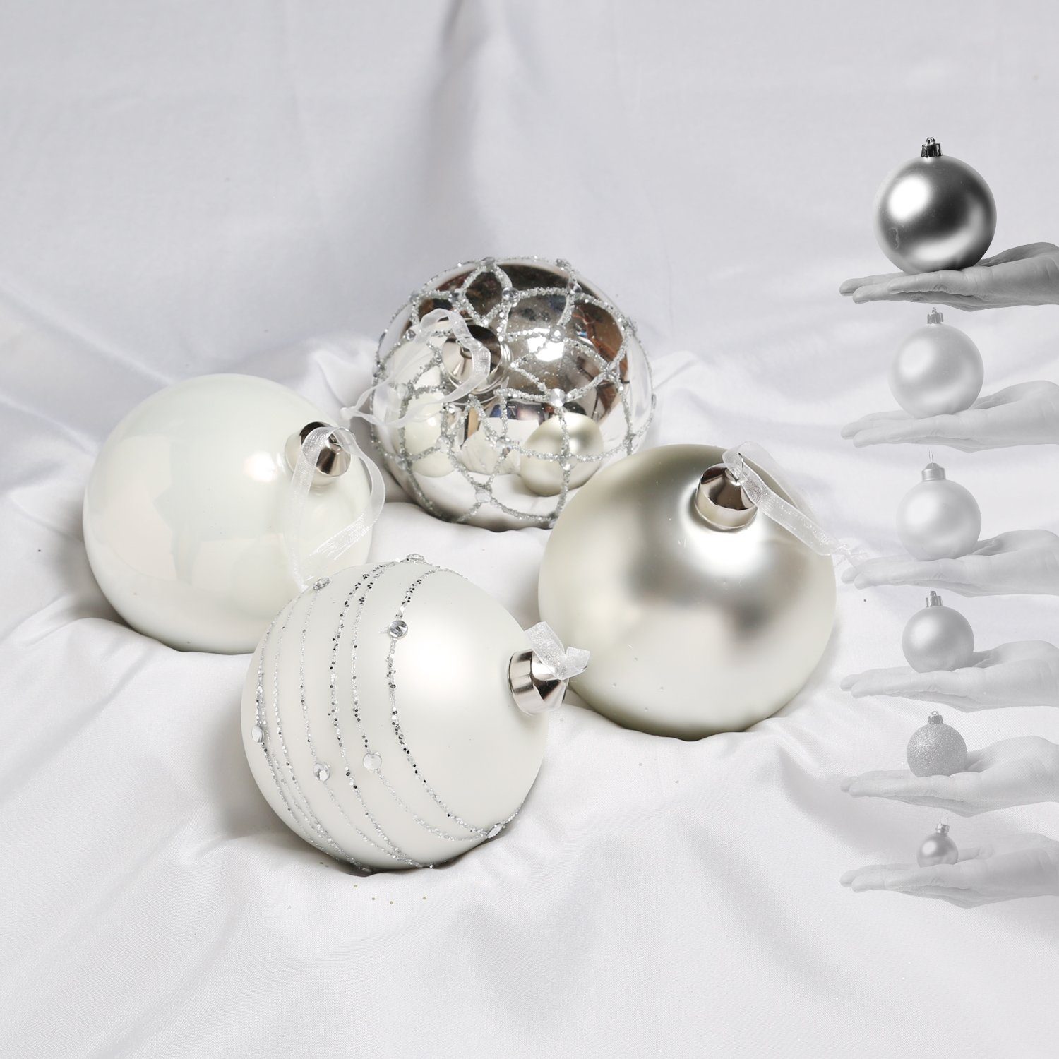 MARELIDA Weihnachtsbaumkugel Christbaumkugel Weihnachtskugel Glas D: 10cm silber weiß 4er Set (4 St)