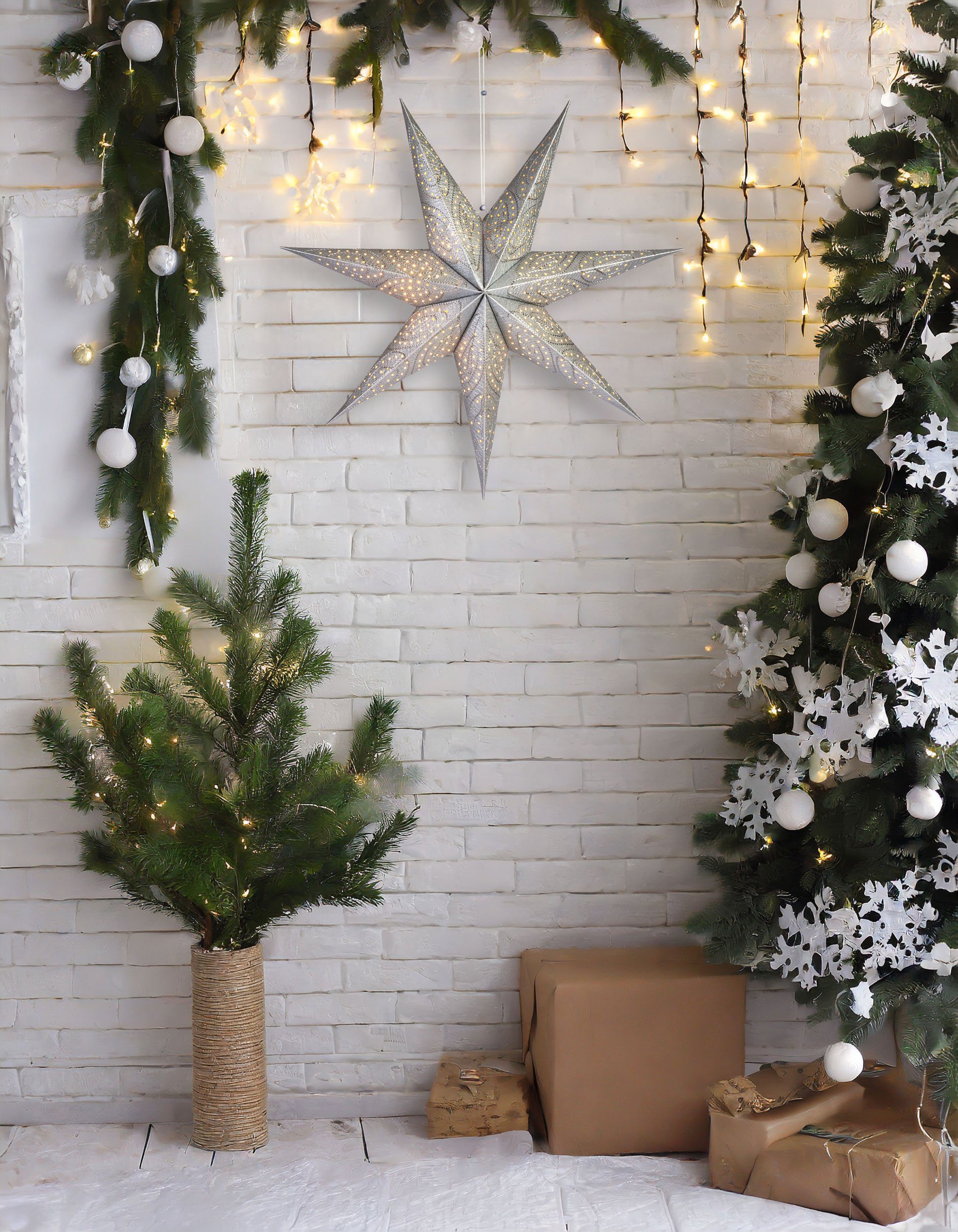BRUBAKER LED Stern 60 cm Papier Weihnachtsstern zum Aufhängen - LED Adventsstern, Hängender Leuchtstern - Beleuchtbar mit Batterie, LED fest integriert, Warmweiß, Weihnachtsdeko für Fenster - 3D Papierstern mit Timer-Funktion
