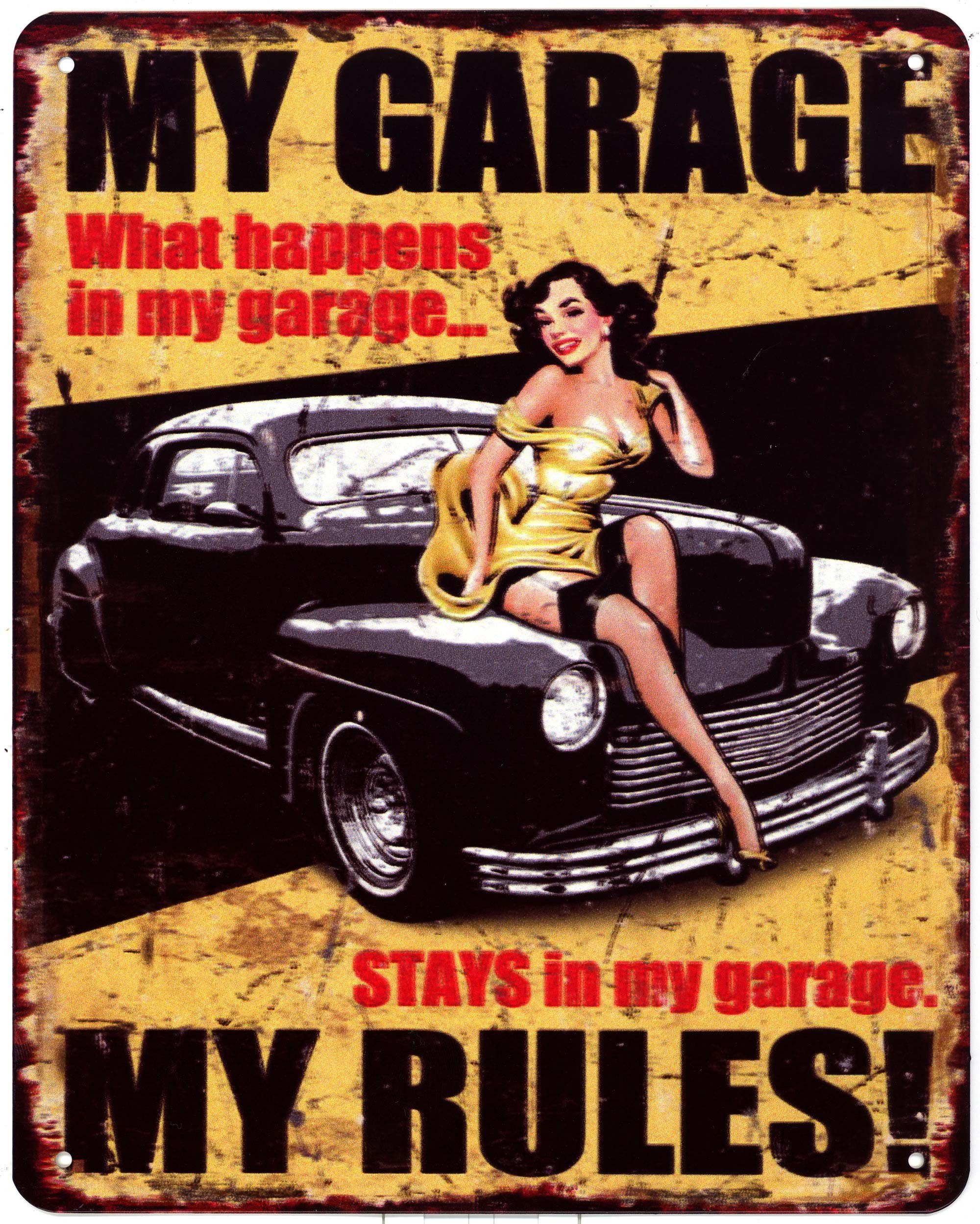 Metallschild Blechschild My Garage My Rules! Frau auf Auto