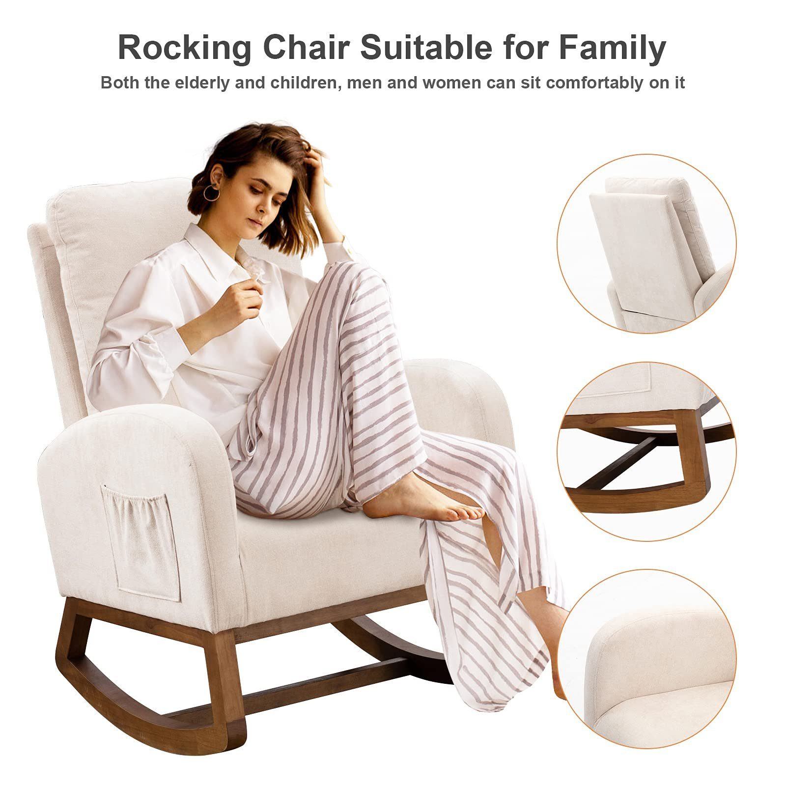 Gepolsterter mit Schaukelsessel Sitzfläche Rückenlehne Freizeitstuhl, SEEZSSA Hohe Schaukelstuhl für Wohnzimmer Weiß und