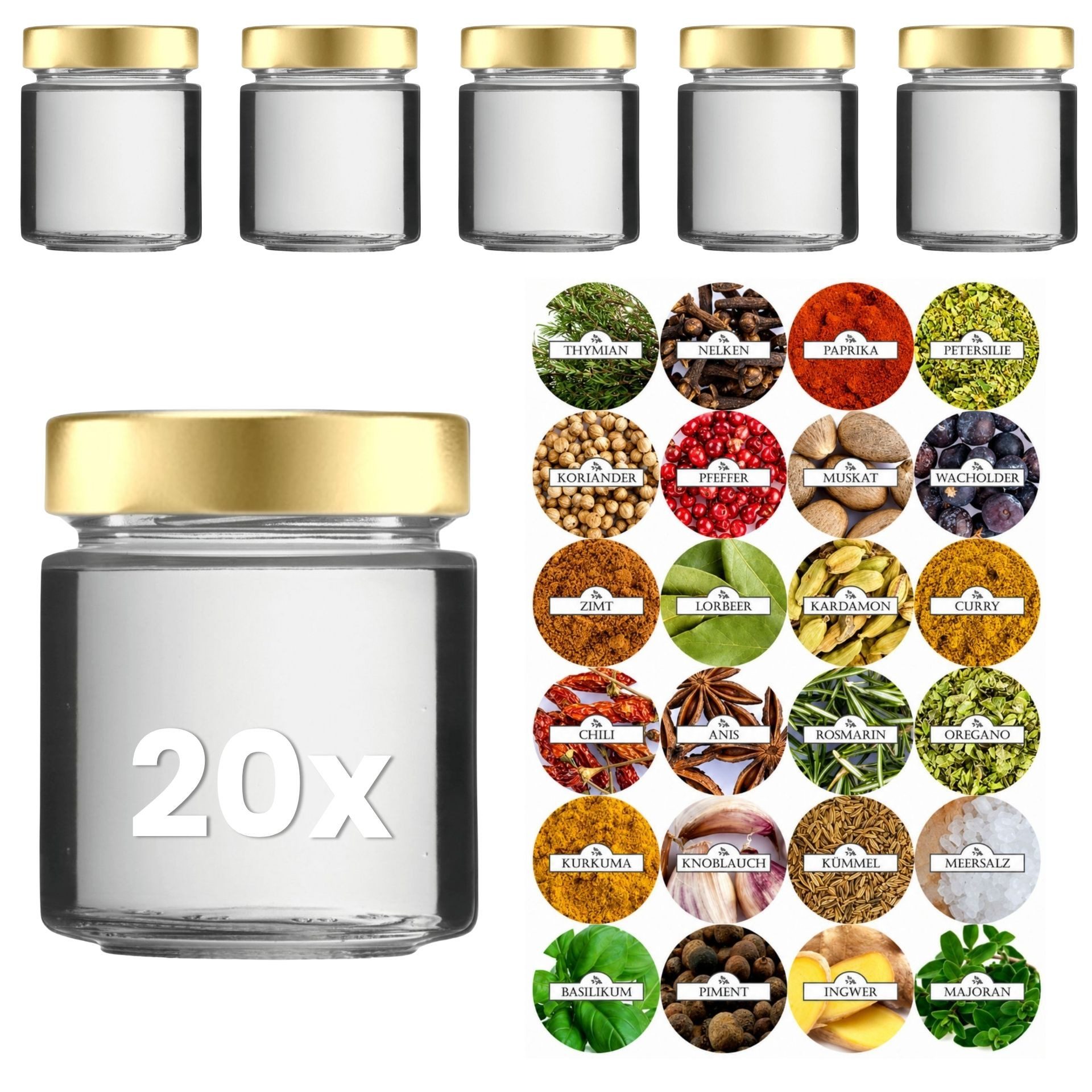 mikken Vorratsglas 20x Gewürzglas 154ml Kräuterglas mit Deckel, (Spar-Set, 20er Set), inkl. 24 Gewürzetiketten, unterschiedliche Deckelfarben