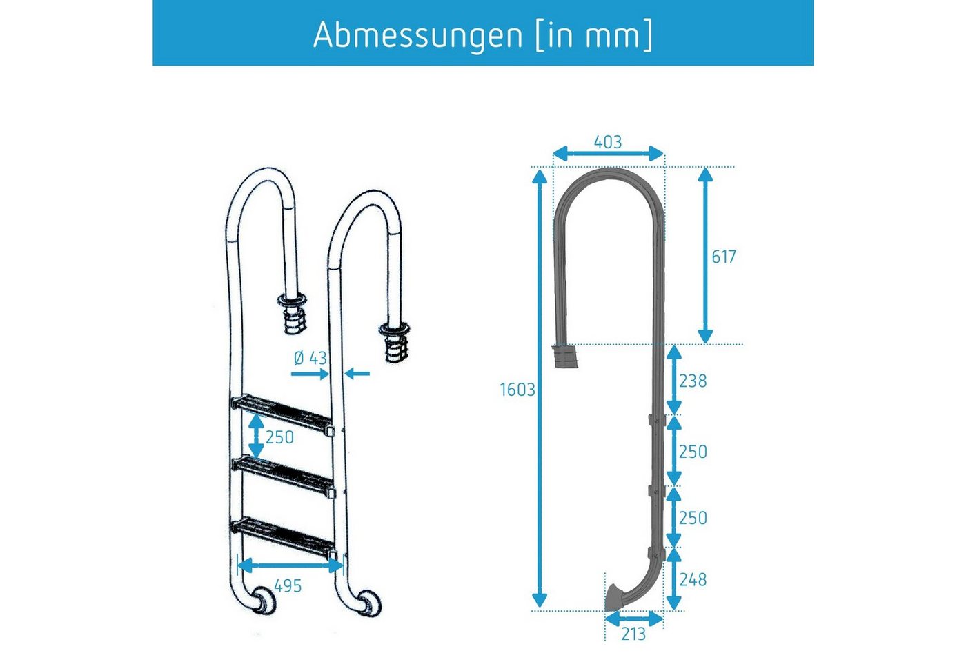 Thumbnail - Poolomio Poolleiter Einhänge-Leiter aus Edelstahl, 3 stufig Slim-Modell