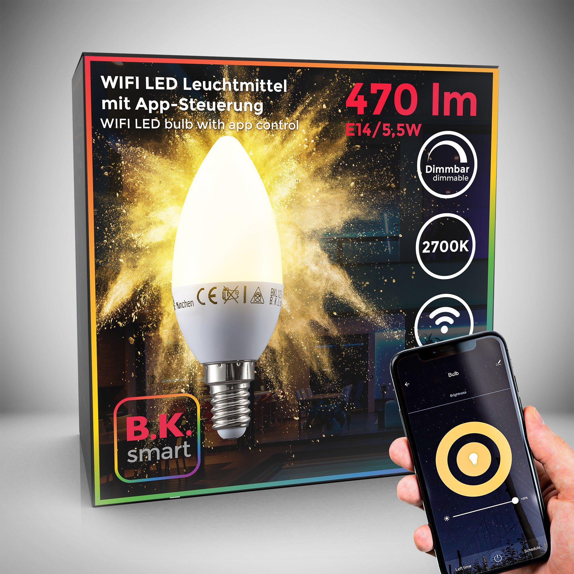RGB, Smart WiFi, St., 1 dimmbar LED-Lampe, E14, Home LED-Leuchtmittel, App-Steuerung, Warmweiß, B.K.Licht