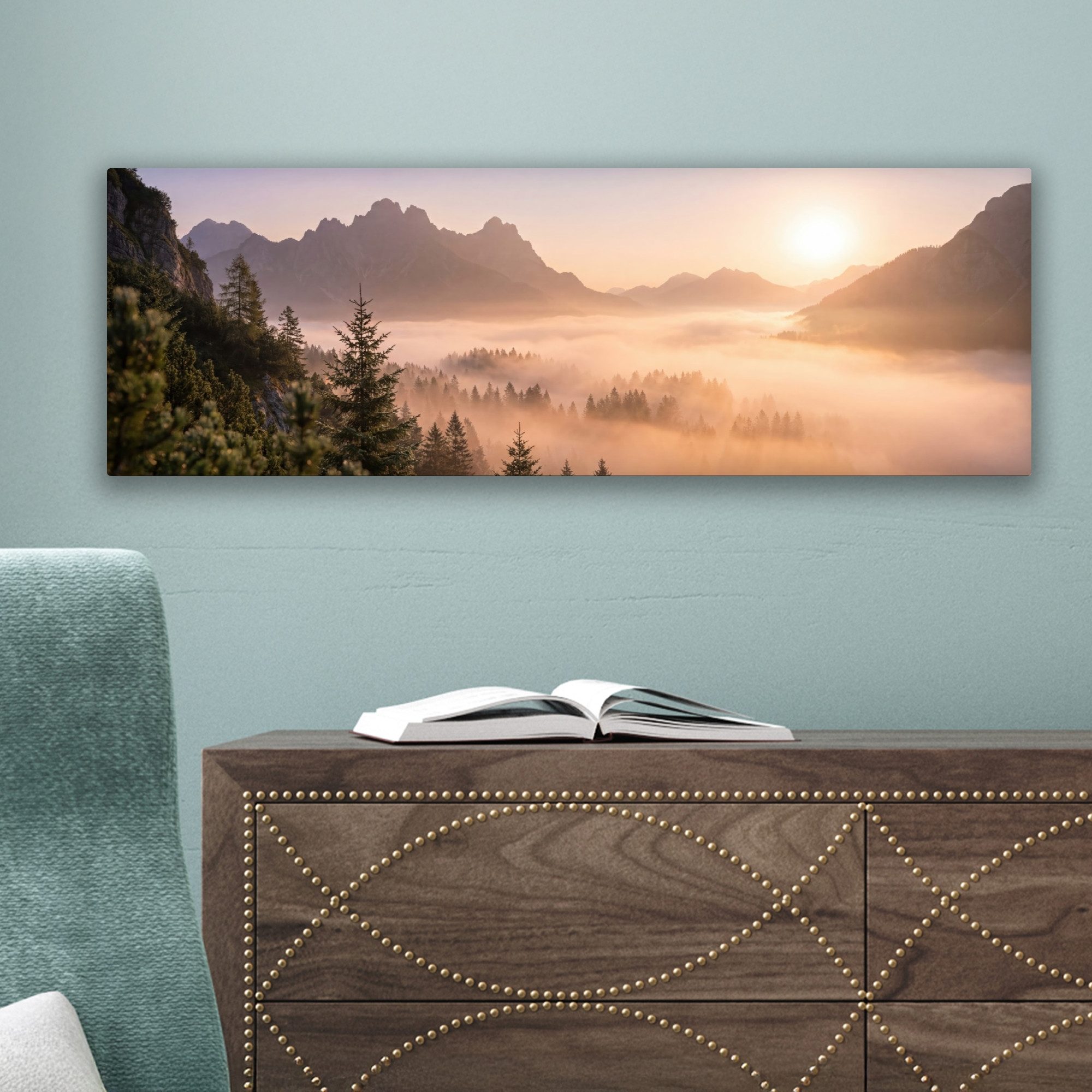 OneMillionCanvasses® Leinwandbild Panorama Sonnenlicht - Nebel - Berge - Bäume, Fotodruck (1 St), Wandbild, Deko Schlafzimmer Wohnzimmer Flur 60x20 cm – Bild 4 von 5