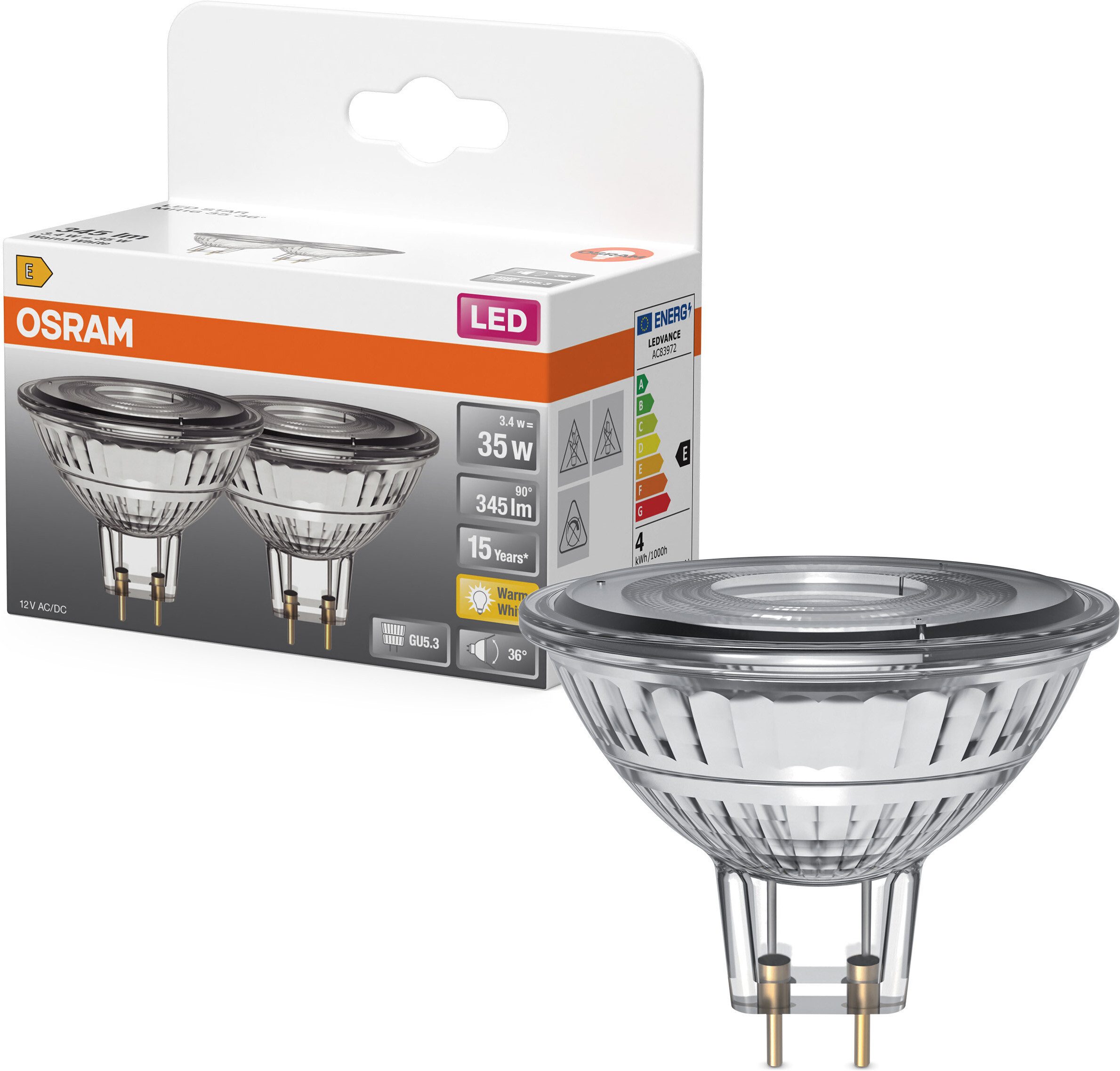 Osram LED-Leuchtmittel LED-Spot Star MR16 Reflektor, MR16, 2 St., Warmweiß