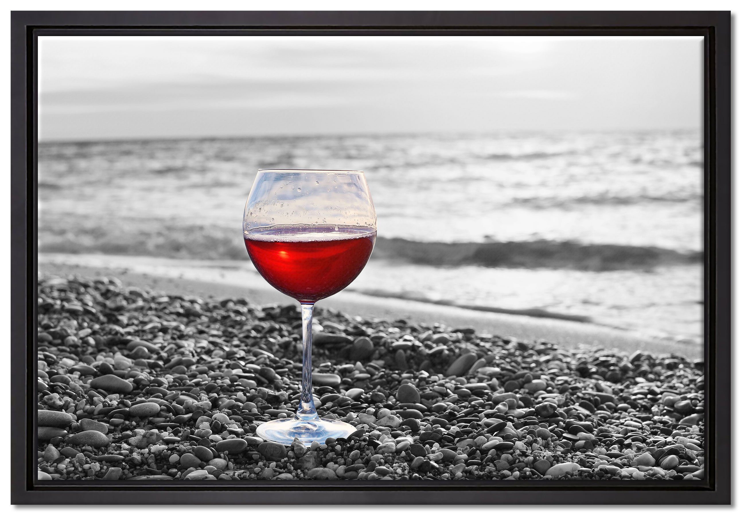 Pixxprint Leinwandbild Weinglas am Strand, fertig gefasst, inkl. einem (1 bespannt, Schattenfugen-Bilderrahmen Leinwandbild St), Zackenaufhänger in Wanddekoration