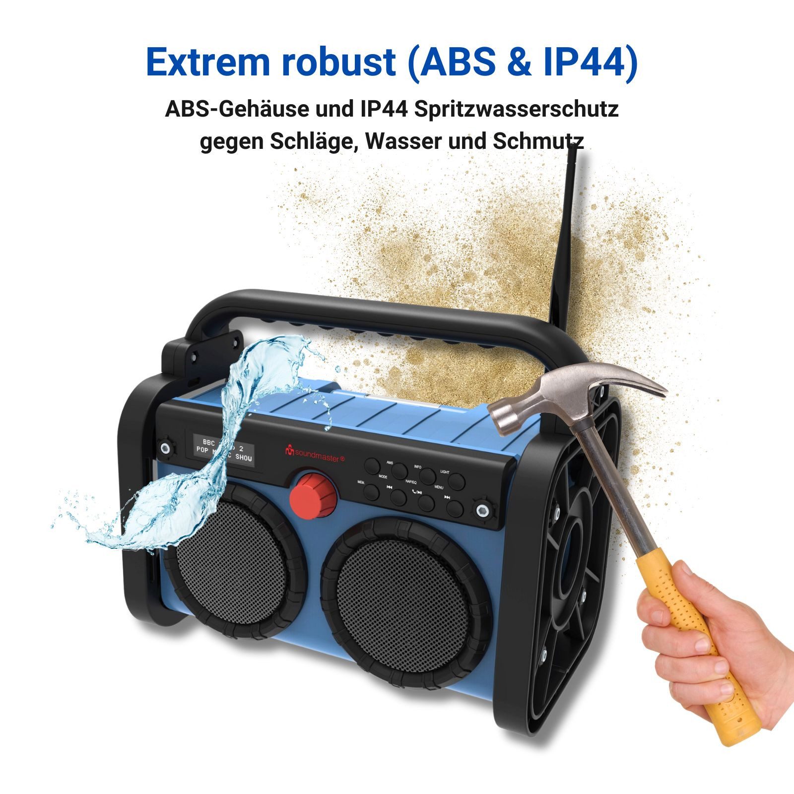 Soundmaster DAB85BL Baustellenradio DAB+ Bluetooth Akku IP44 spritzwassergeschützt Baustellenradio (DAB+, PLL-UKW, FM, 10 W, Baustellenradio, ABS-Gehäuse, IP44 Spritzwasserschutz)