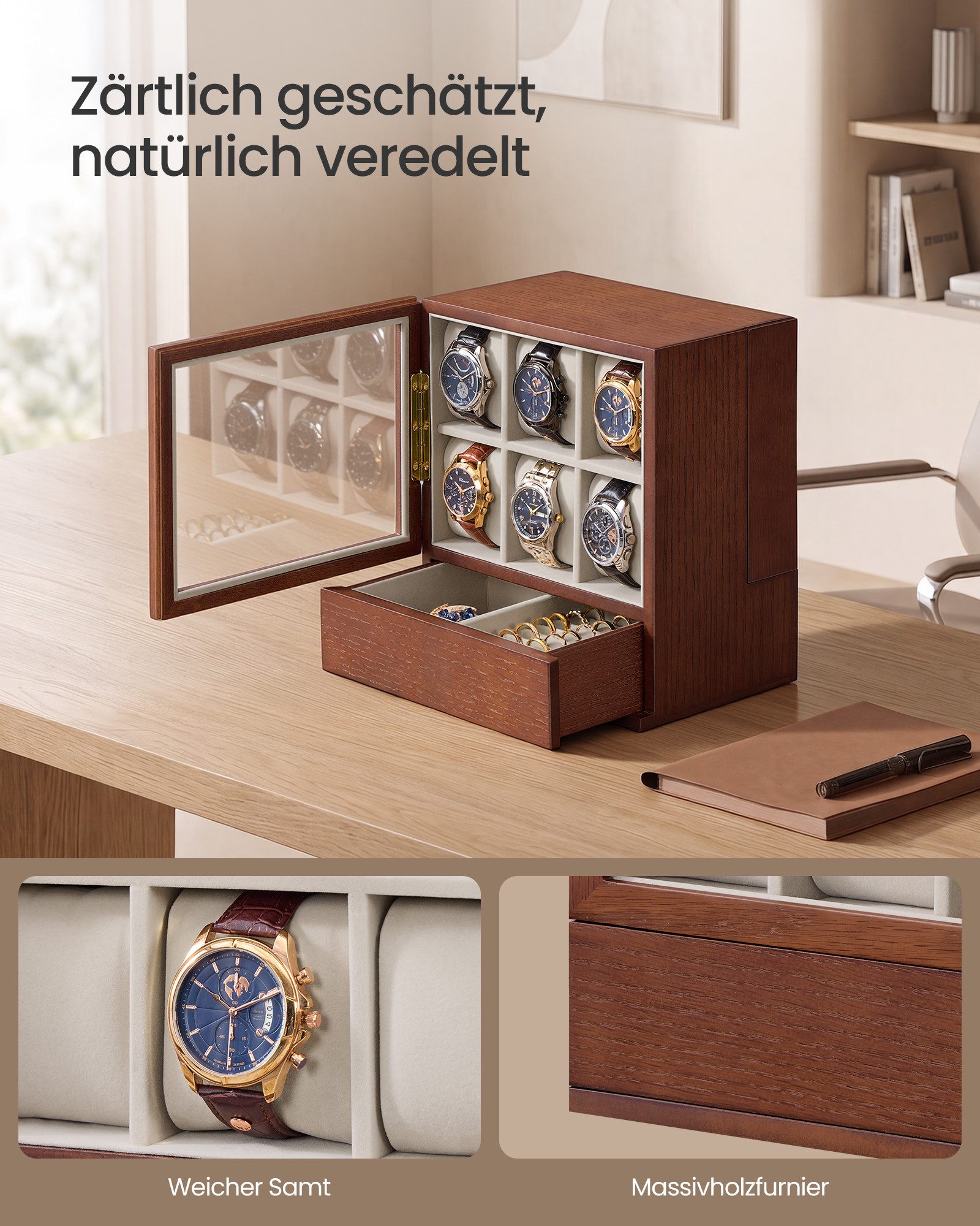 SONGMICS Uhrenbox Uhrenkasten, 6 Fächer, Geschenkidee, mit Fenster, Samtfutter, platzsparend, Massivholzfurnier – Bild 4 von 5
