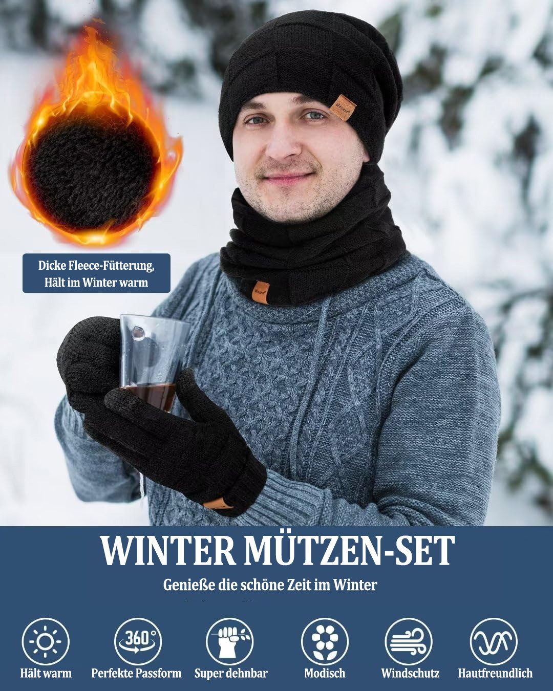 Zaewry Mütze & Schal Strickmütze, Schal und Handschuh-Set, Winterstrickmütze, Touchscreen-Handschuhe, gefütterter Kragen, Unisex – Bild 2 von 5
