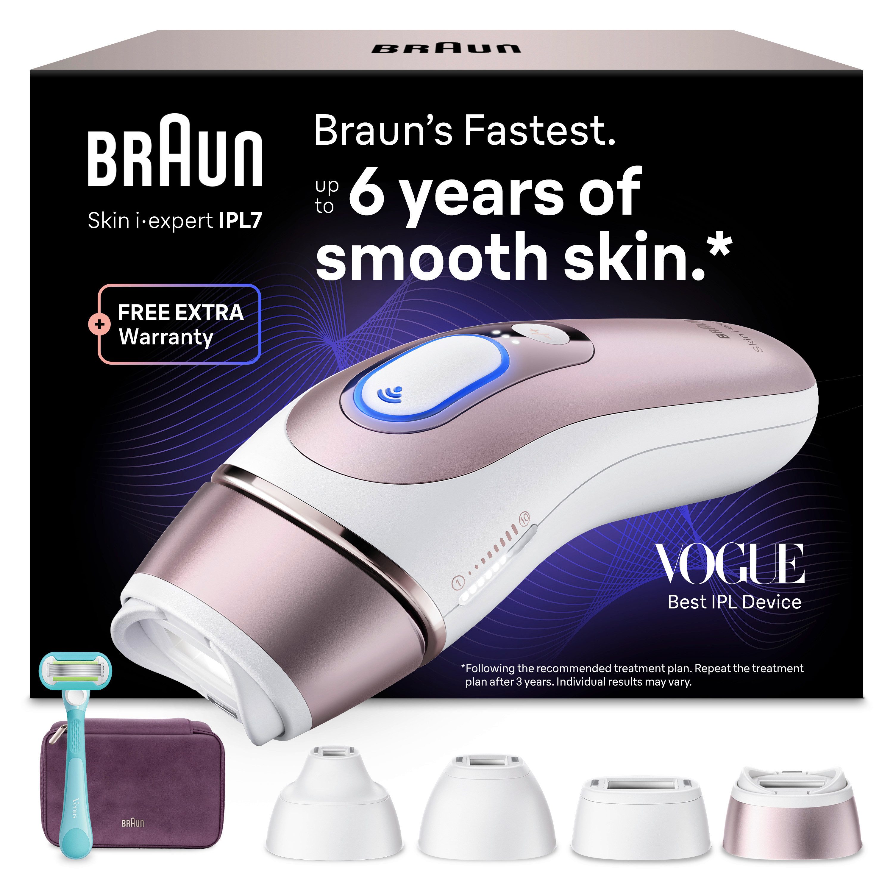 Braun IPL-Haarentferner Braun Smart IPL Skin i·expert PL7431, Tasche, Venus-Rasierer, 4 Aufsätze, kostenlose App, Laser-Haarentfernung für zu Hause, Dauerhafte Haarreduzierung