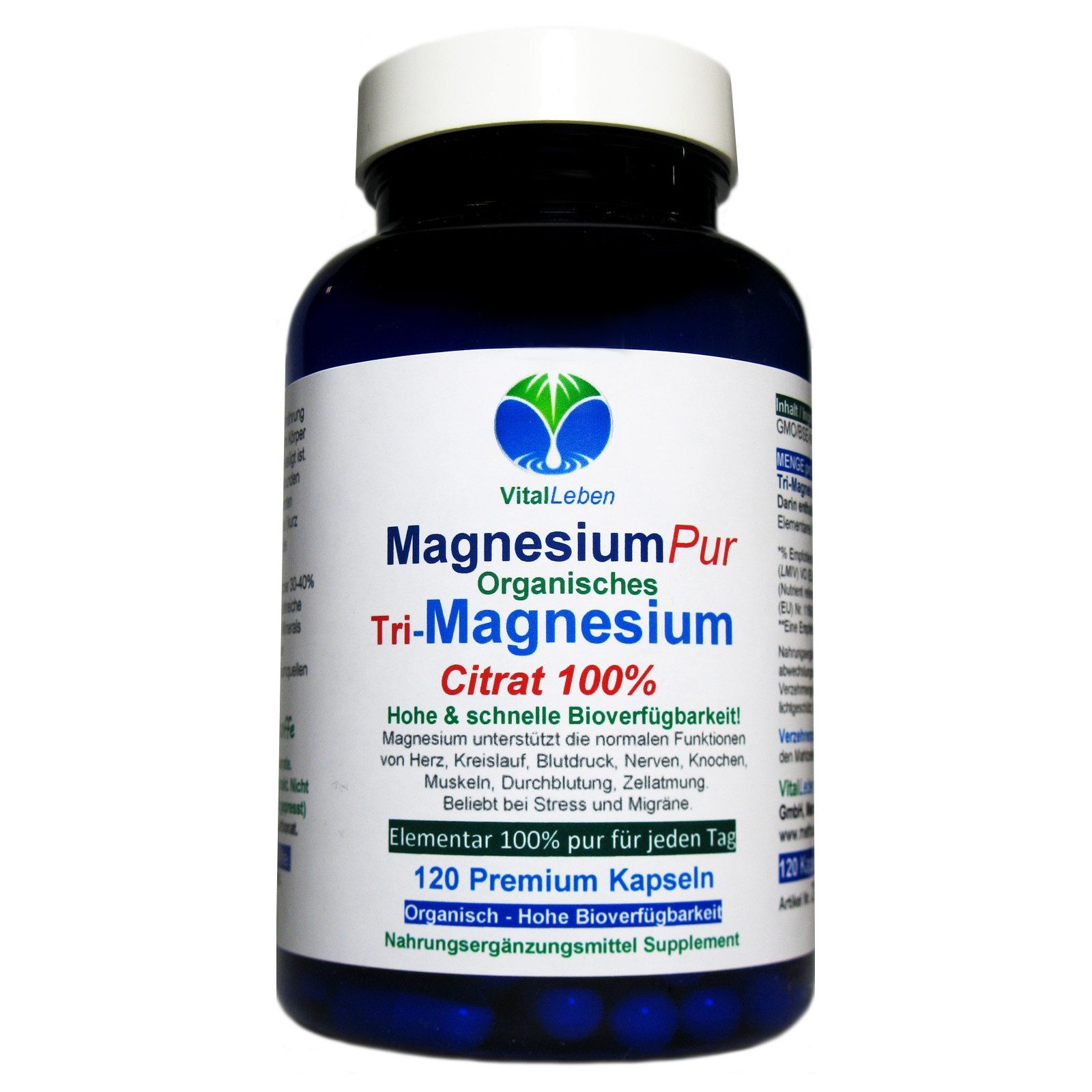 VitalLeben Tri-Magnesiumcitrat organisch hohe Bioverfügbarkeit ohne Zusätze Kapseln, 1 er Dose à 120 St., 67.2 g, Art. 27140-120
