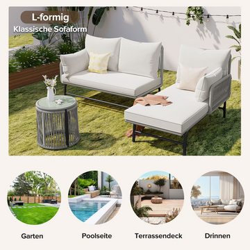 HAUSS SPLOE Gartenlounge-Set mit 2 Sessel, 2 Sofas, 2 Tische und Kissen aus Seil und Eisen Grau