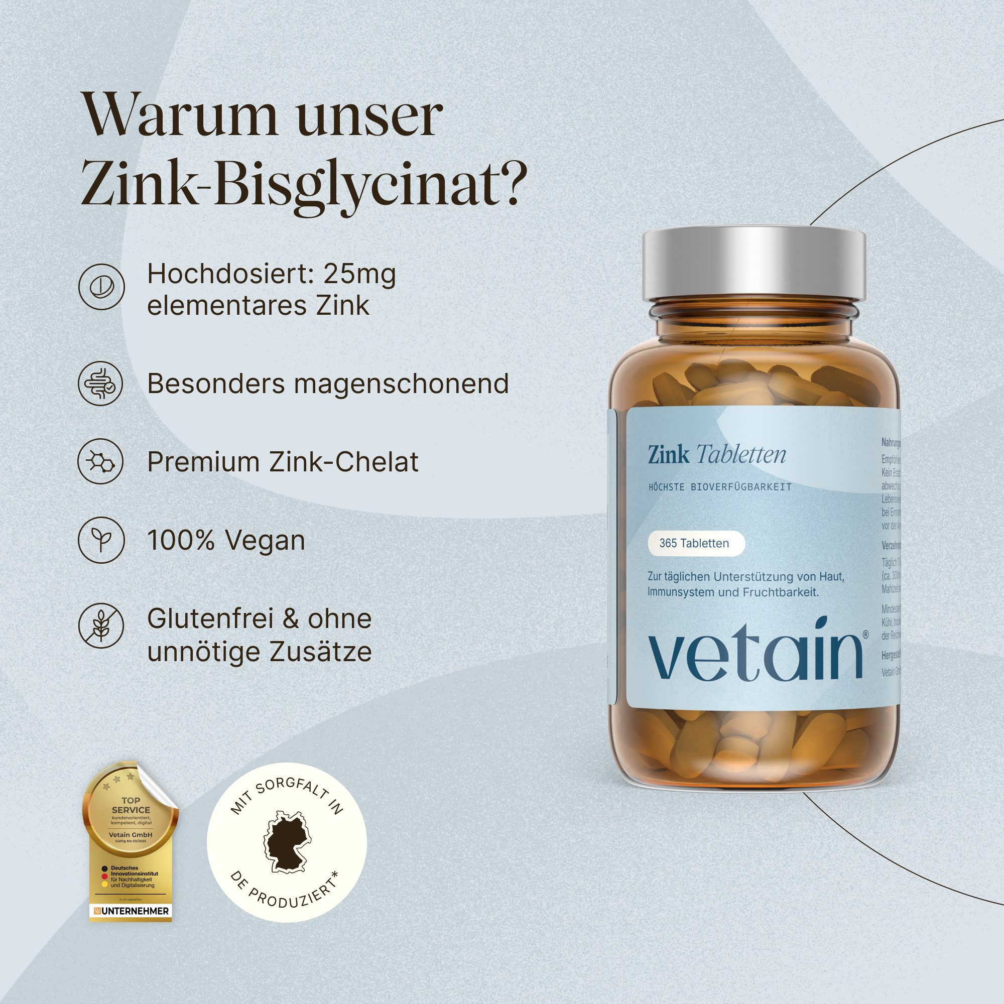 VETAIN Zink 25mg - mit Zinkbisglycinat (Zink-Chelat) - optimal hochdosiert Tabletten, Hochdosiert, hochwertiges Zink-Bisglycinat, gute Verträglichkeit