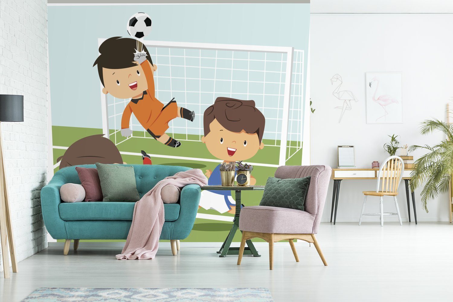 MuchoWow Fototapete Eine Illustration von St), Kindern, Montagefertig Wandtapete für Matt, bedruckt, die (5 Kinder Wohnzimmer, Tapete drei - spielen Fußball Vinyl 